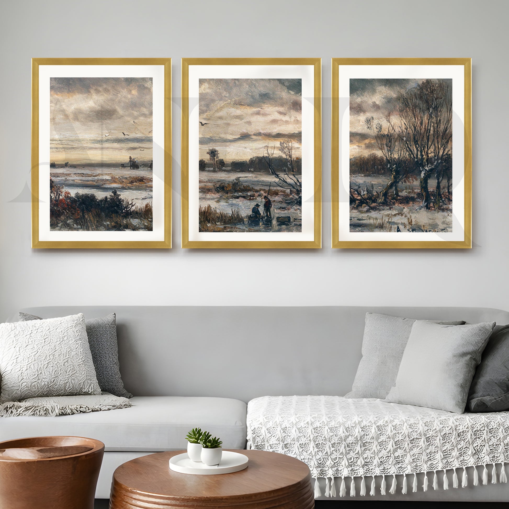Moody Winter Countryside Gallery Wall – Set of 3 Atmospheric Landscape Artworks - 18 x 24 Inches for Living Room
