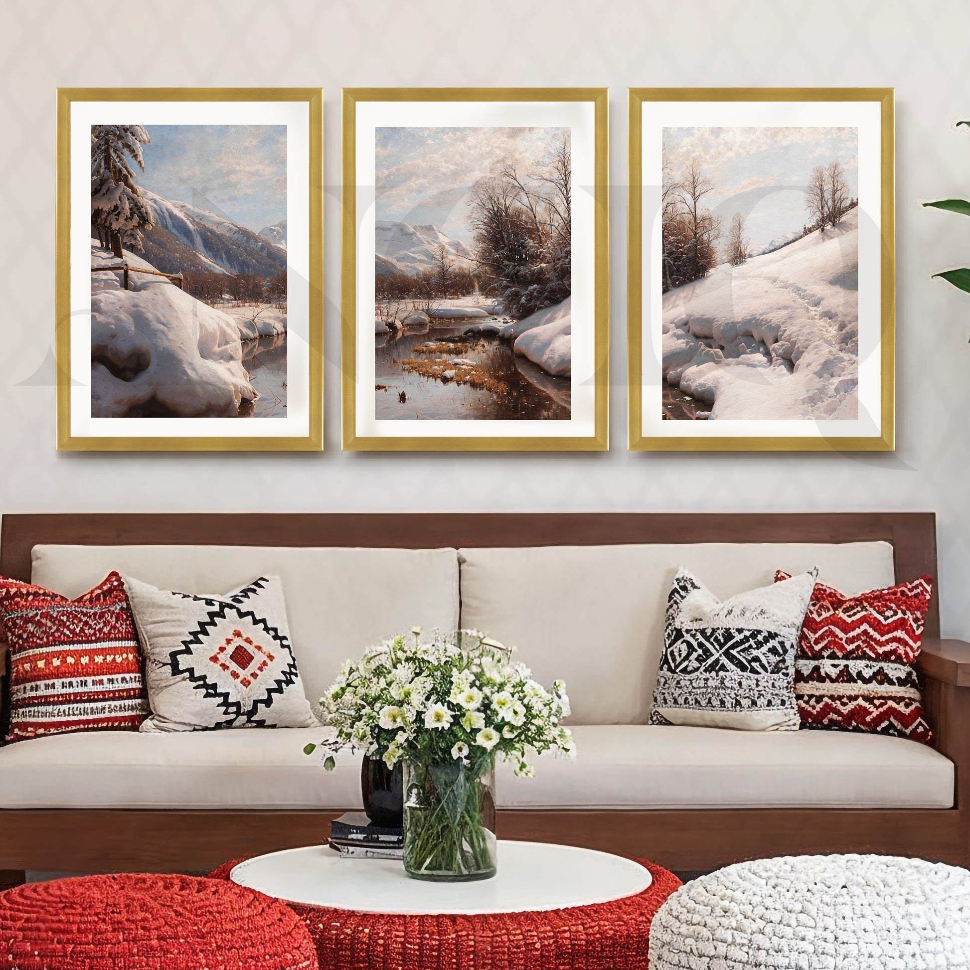 Snowy Alpine River Landscape Gallery Wall – Set of 3 Winter Nature Artworks - 18 x 24 Inches for Living Room