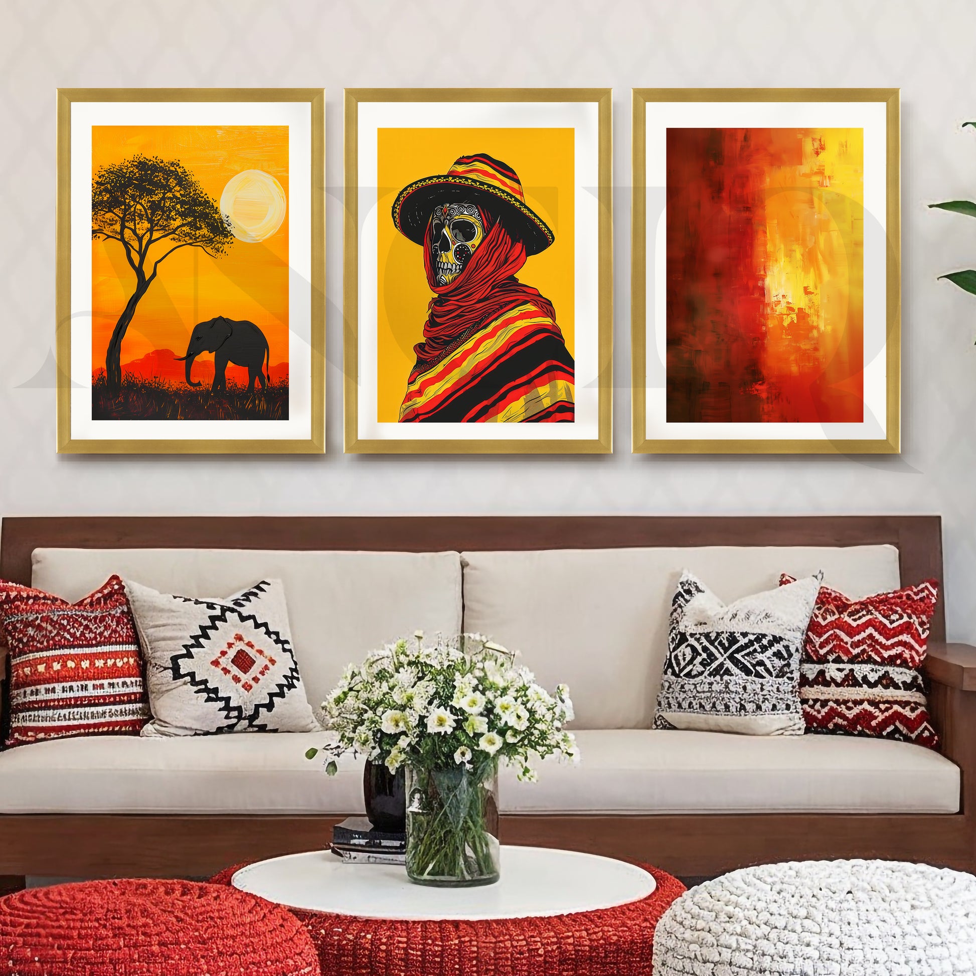 Golden Horizon Tribal Fusion Gallery Wall – Set of 3 Contemporary Artworks - 18 x 24 Inches for Living Room
