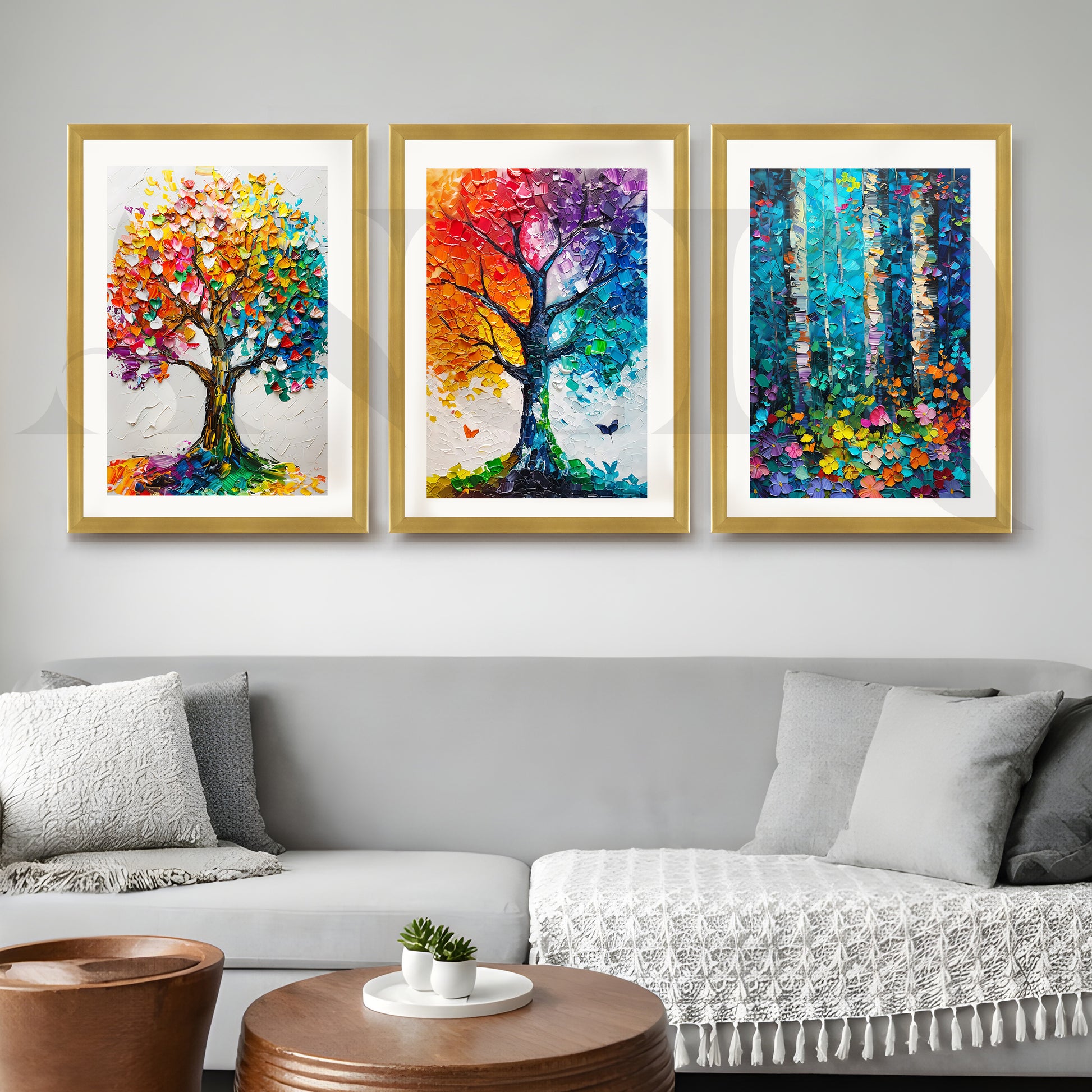 Vibrant Nature Mosaic Gallery Wall – Set of 3 Colorful Tree Artworks - 18 x 24 Inches for Living Room