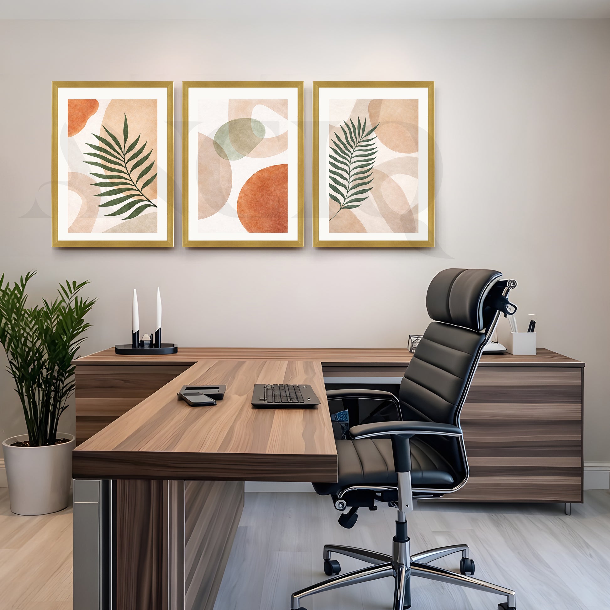 Modern Botanical Abstract Harmony Gallery Wall – Set of 3 Contemporary Artworks - 18 x 24 Inches for Office/Study Room