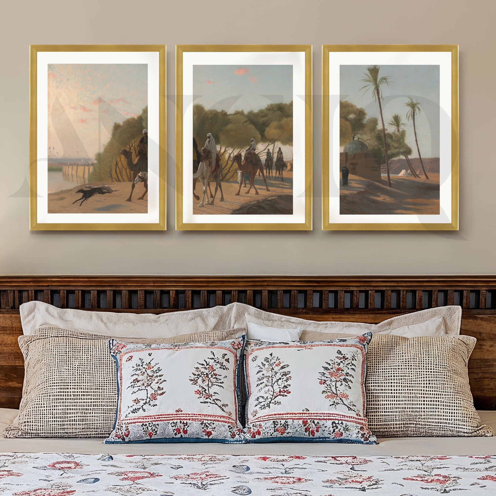 Desert Caravan Landscape Gallery Wall – Set of 3 Vintage Oriental Artworks - 18 x 24 Inches for Stylish Bedroom
