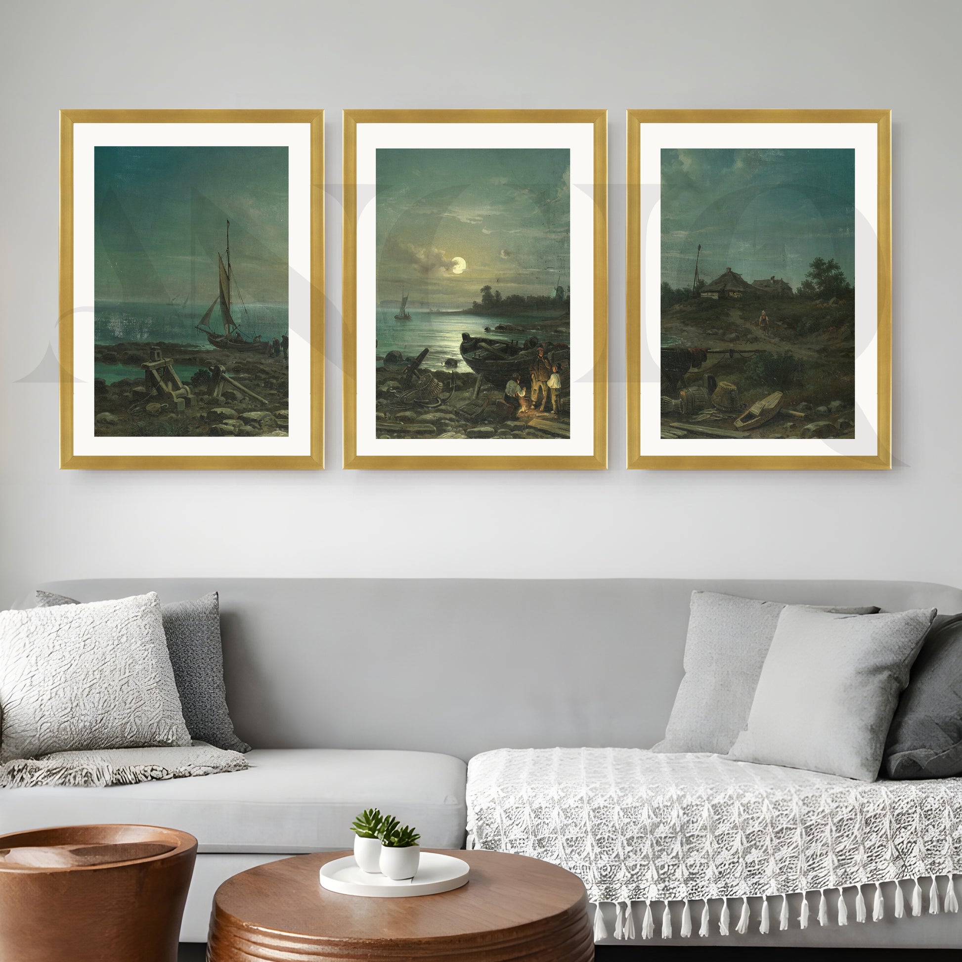 Moonlit Coastal Harbor Gallery Wall – Set of 3 Vintage Maritime Artworks - 18 x 24 Inches for Living Room