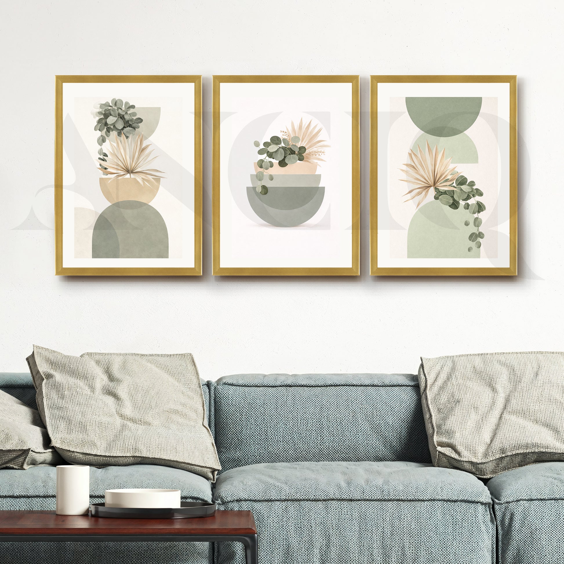 Soft Sage Botanical Balance Gallery Wall – Set of 3 Modern Nature Artworks - 18 x 24 Inches for Living Room