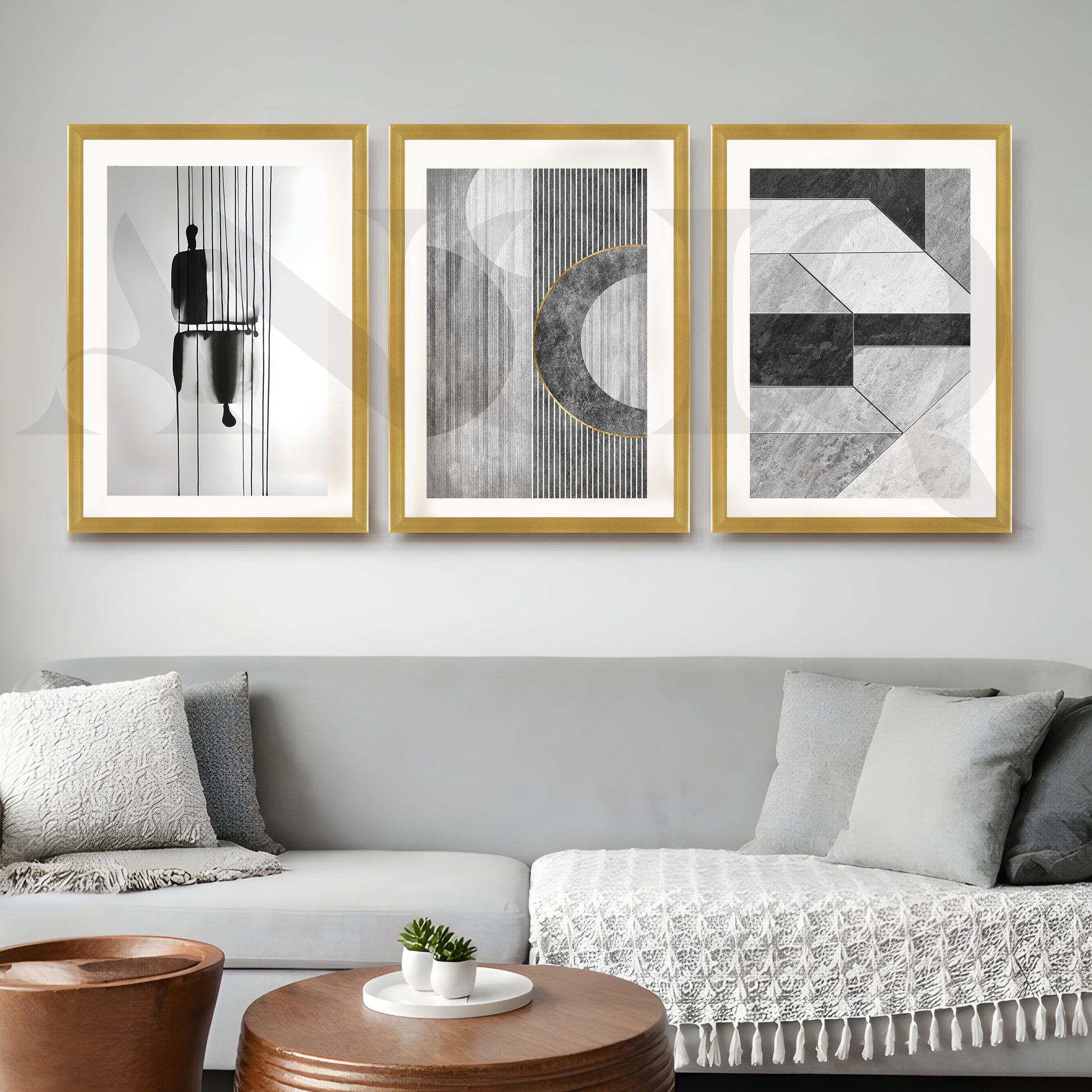 Monochrome Modern Geometry Gallery Wall – Set of 3 Minimal Abstract Artworks - 18 x 24 Inches for Office/Study Room