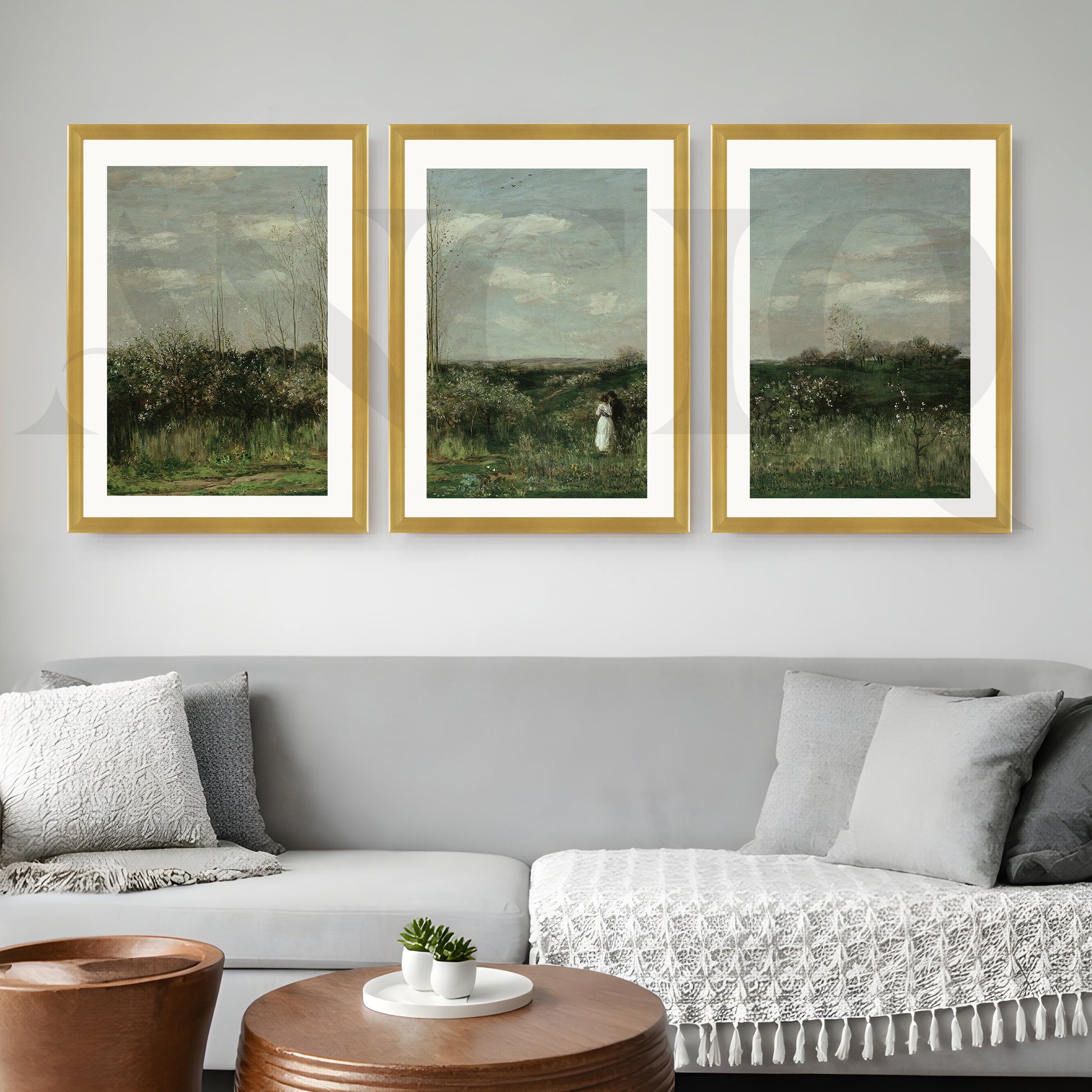 Serene Countryside Meadow Gallery Wall – Set of 3 Classic Landscape Artworks - 18 x 24 Inches for Living Room