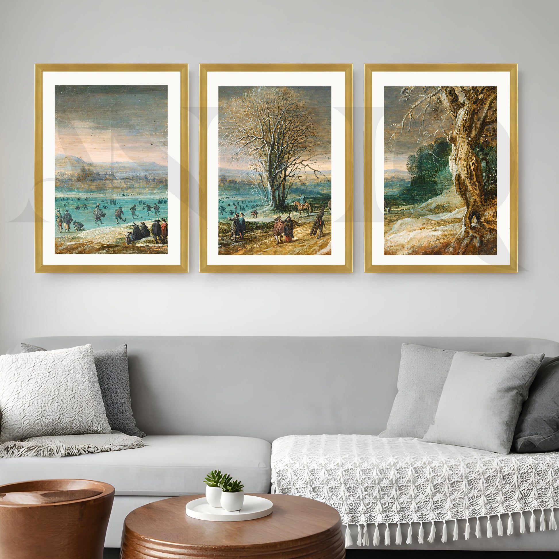 Winter Lakeside Life Gallery Wall – Set of 3 Classical European Landscape Artworks - 18 x 24 Inches for Living Room
