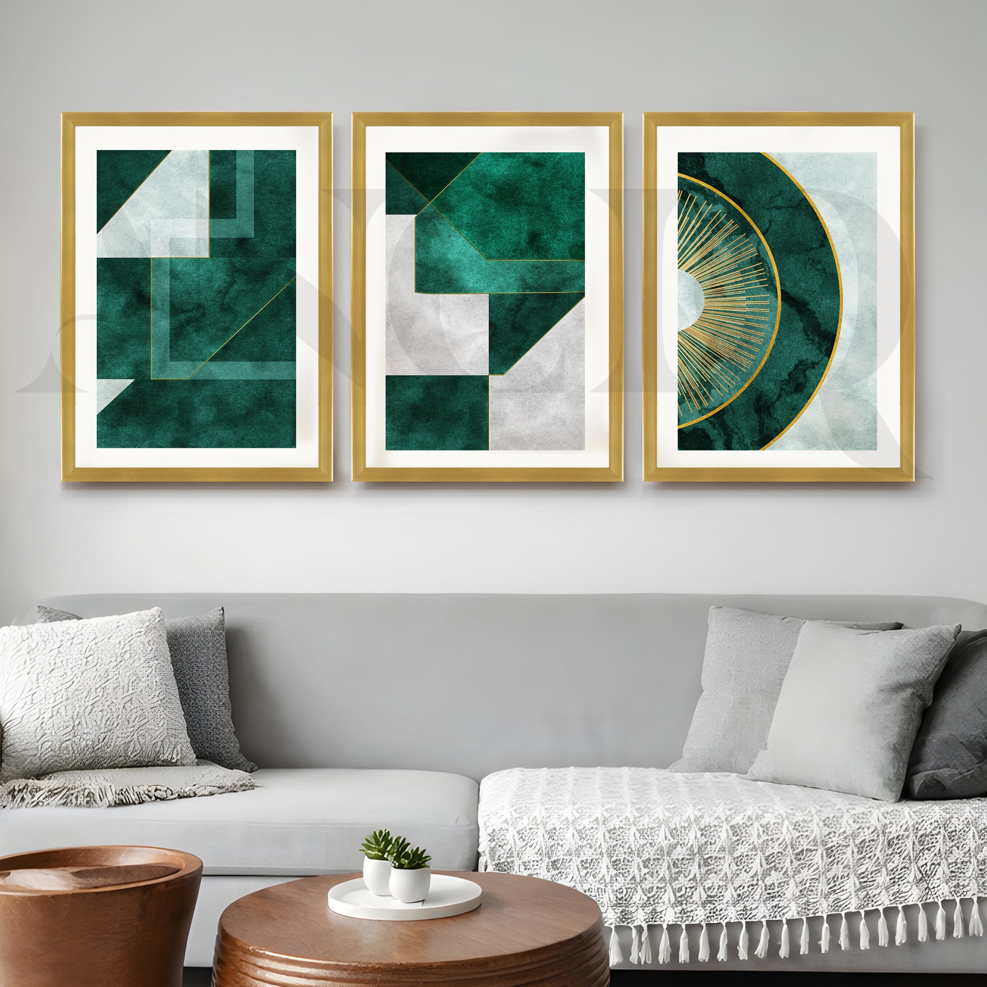 Emerald Luxe Geometry Gallery Wall – Set of 3 Modern Abstract Artworks - 18 x 24 Inches for Living Room
