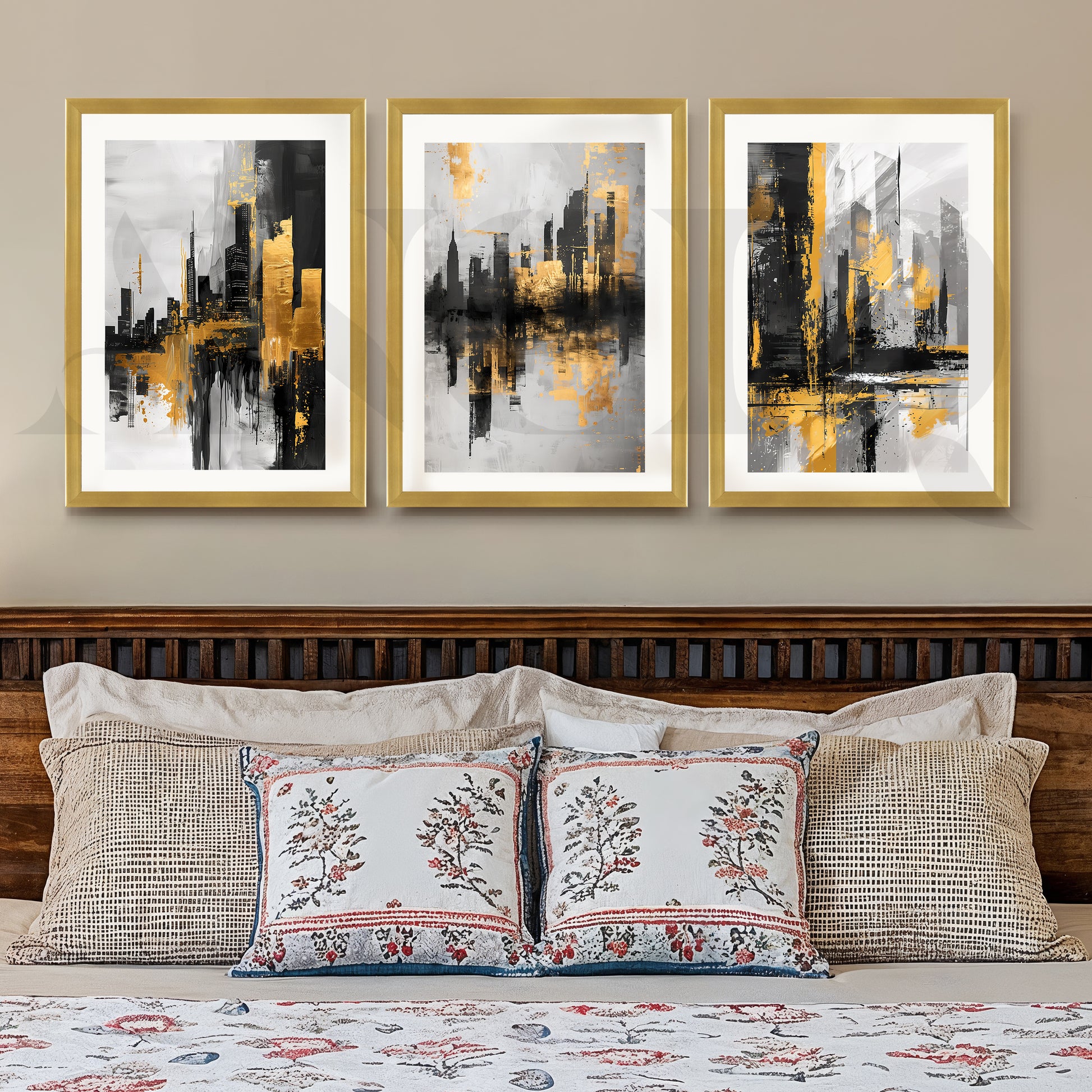 Golden Urban Skyline Gallery Wall – Set of 3 Modern Cityscape Artworks - 18 x 24 Inches for Stylish Bedroom