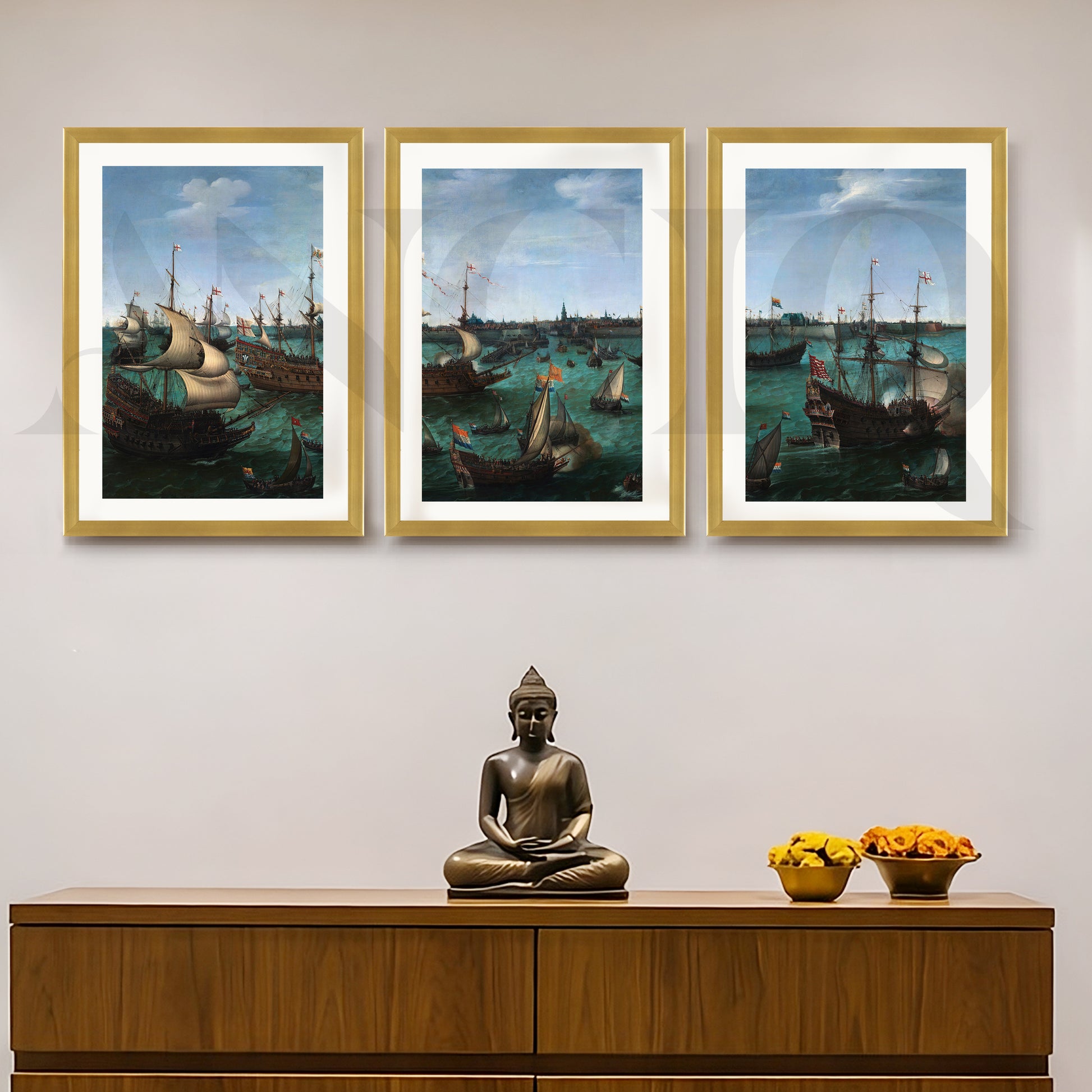 Historic Naval Fleet Gallery Wall – Set of 3 Classic Maritime Artworks - 18 x 24 Inches for Entryway/Hallway
