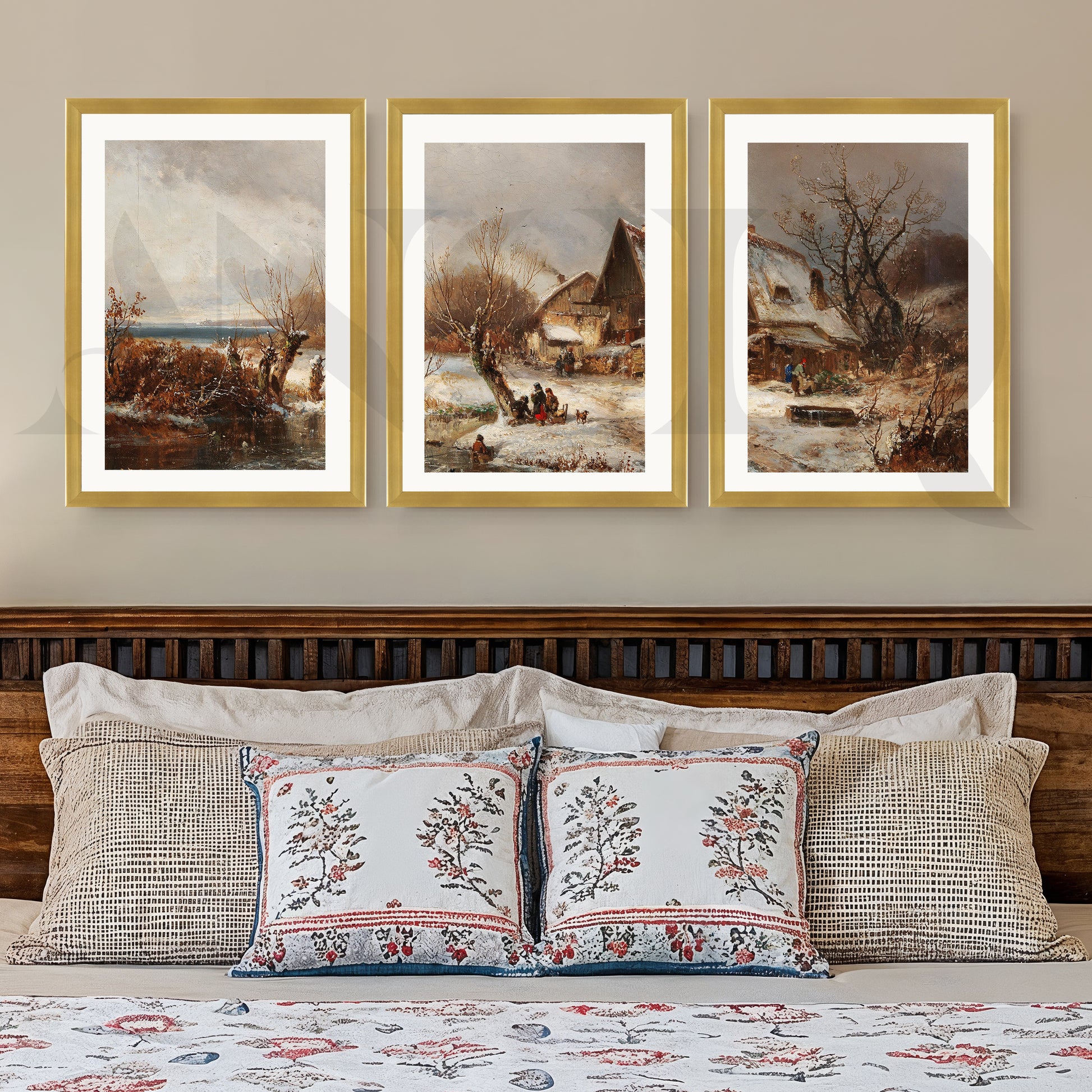 Winter Village Countryside Gallery Wall – Set of 3 Vintage Landscape Artworks - 18 x 24 Inches for Stylish Bedroom