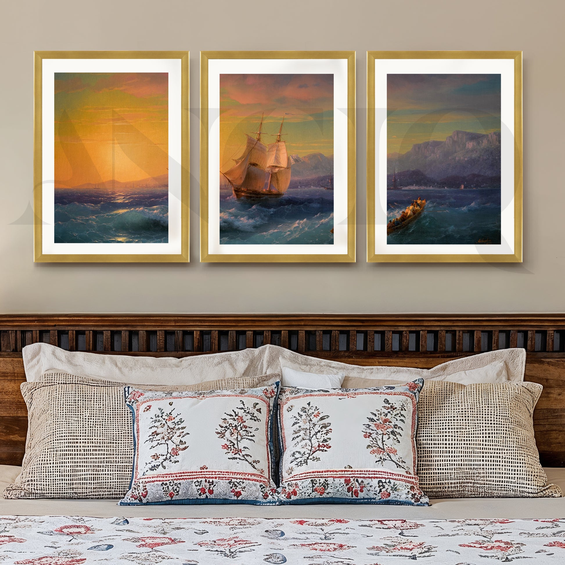 Golden Horizon Sailing Gallery Wall – Set of 3 Vintage Seascape Artworks - 18 x 24 Inches for Stylish Bedroom