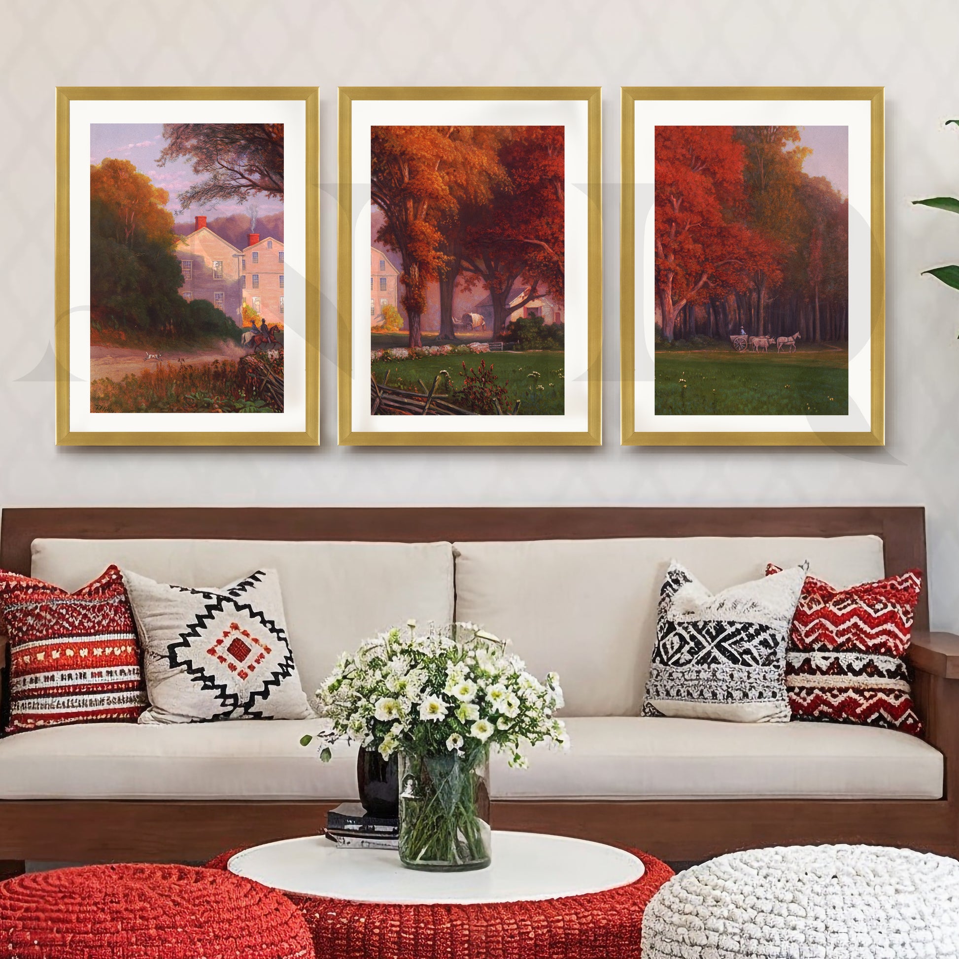 Autumn Countryside Estate Gallery Wall – Set of 3 Classic Landscape Artworks - 18 x 24 Inches for Living Room