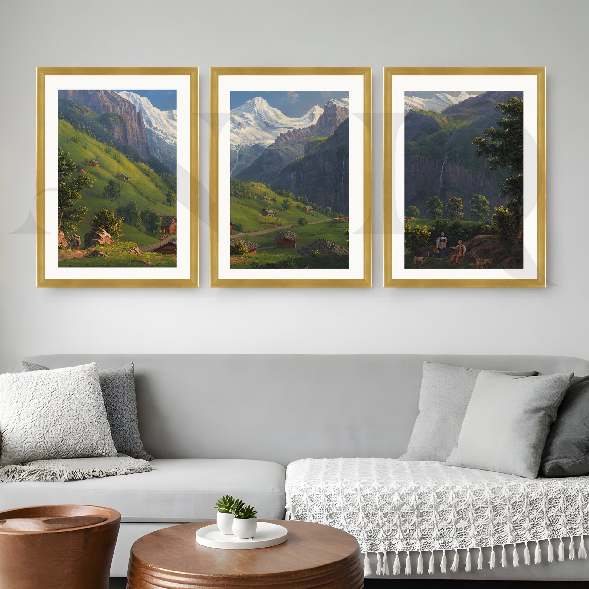 Alpine Valley Landscape Gallery Wall – Set of 3 Classic Mountain Artworks - 18 x 24 Inches for Living Room