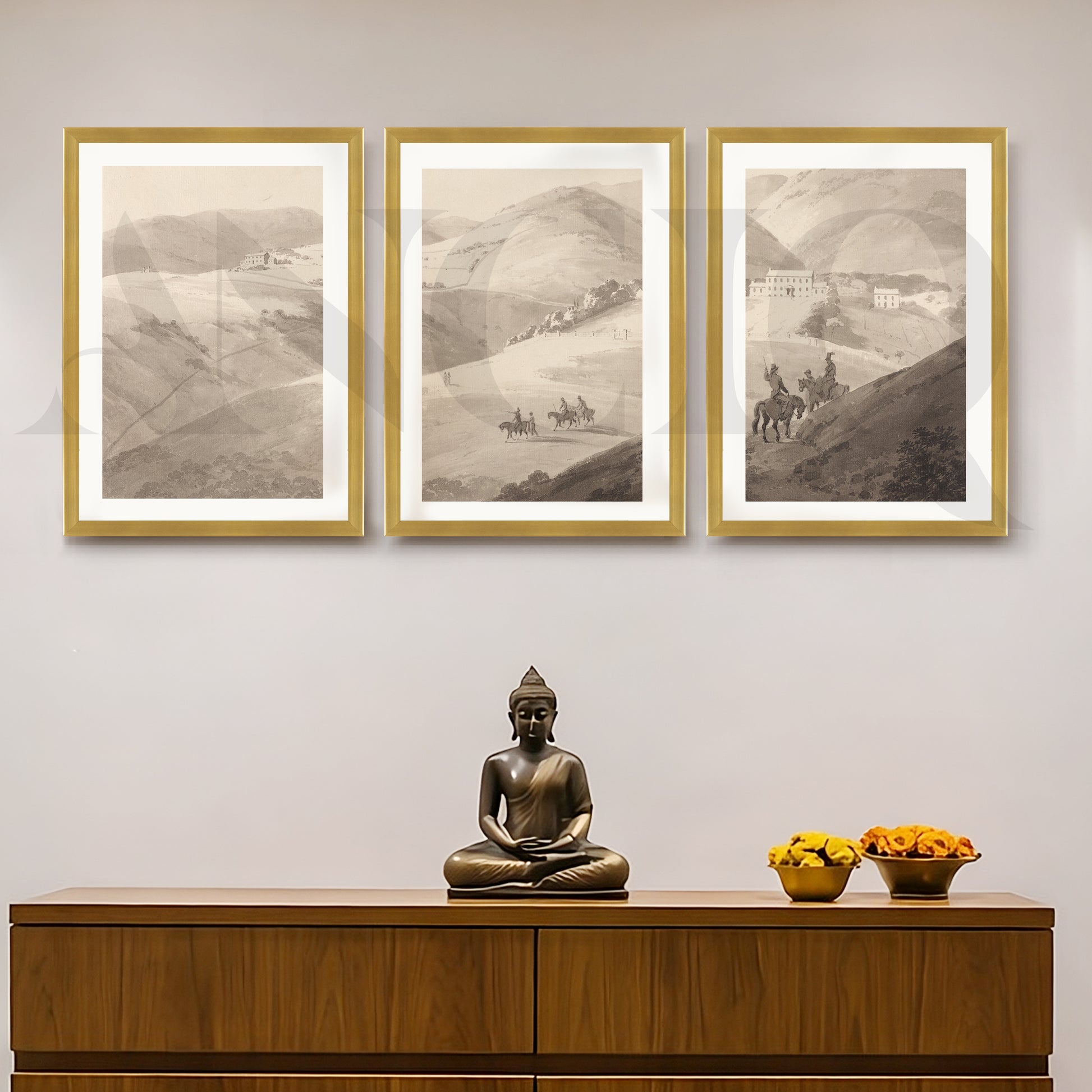 Timeless Countryside Sketch Gallery Wall – Set of 3 Monochrome Landscape Artworks - 18 x 24 Inches for Entryway/Hallway