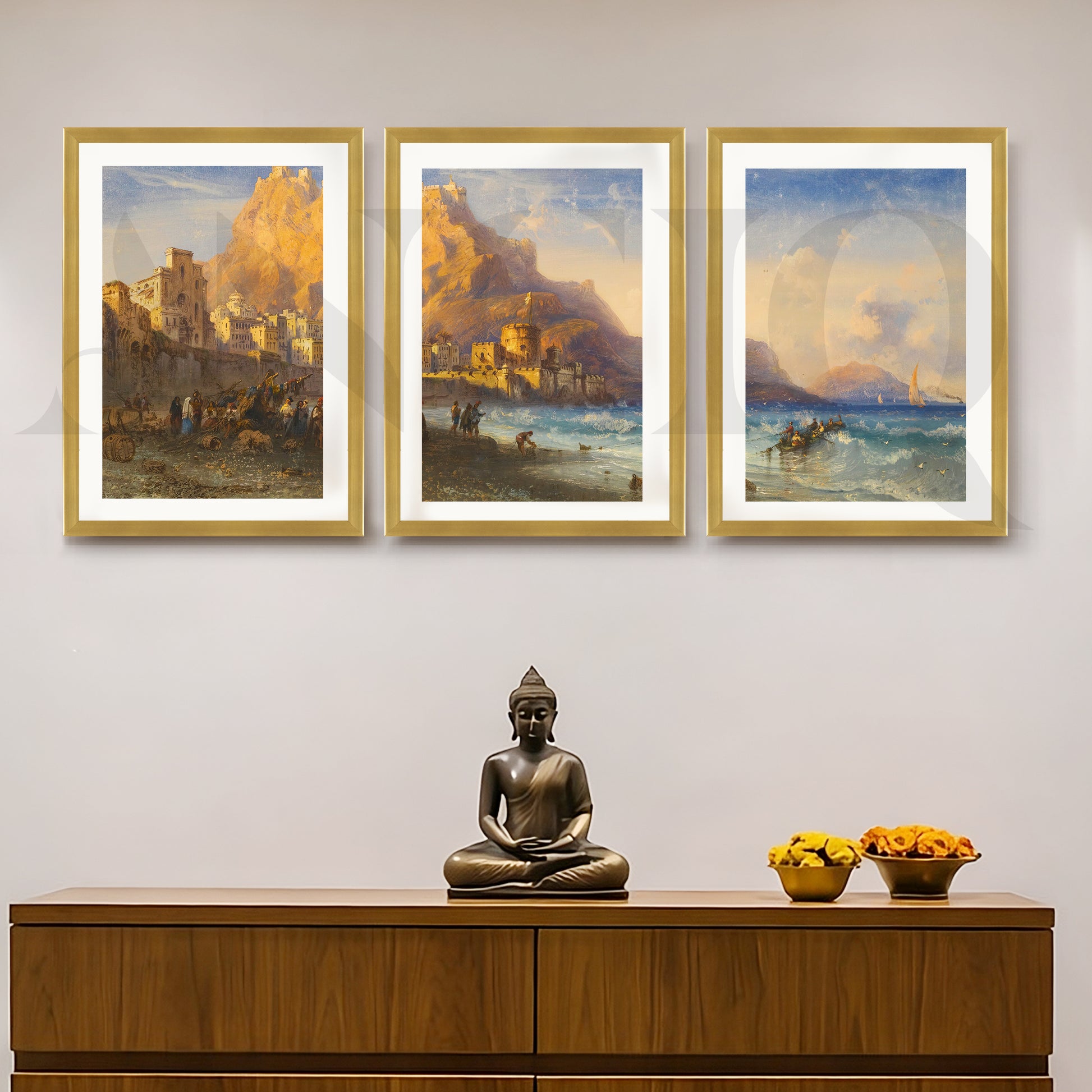 Coastal Mountain Harbour Gallery Wall – Set of 3 Mediterranean Landscape Artworks - 18 x 24 Inches for Entryway/Hallway