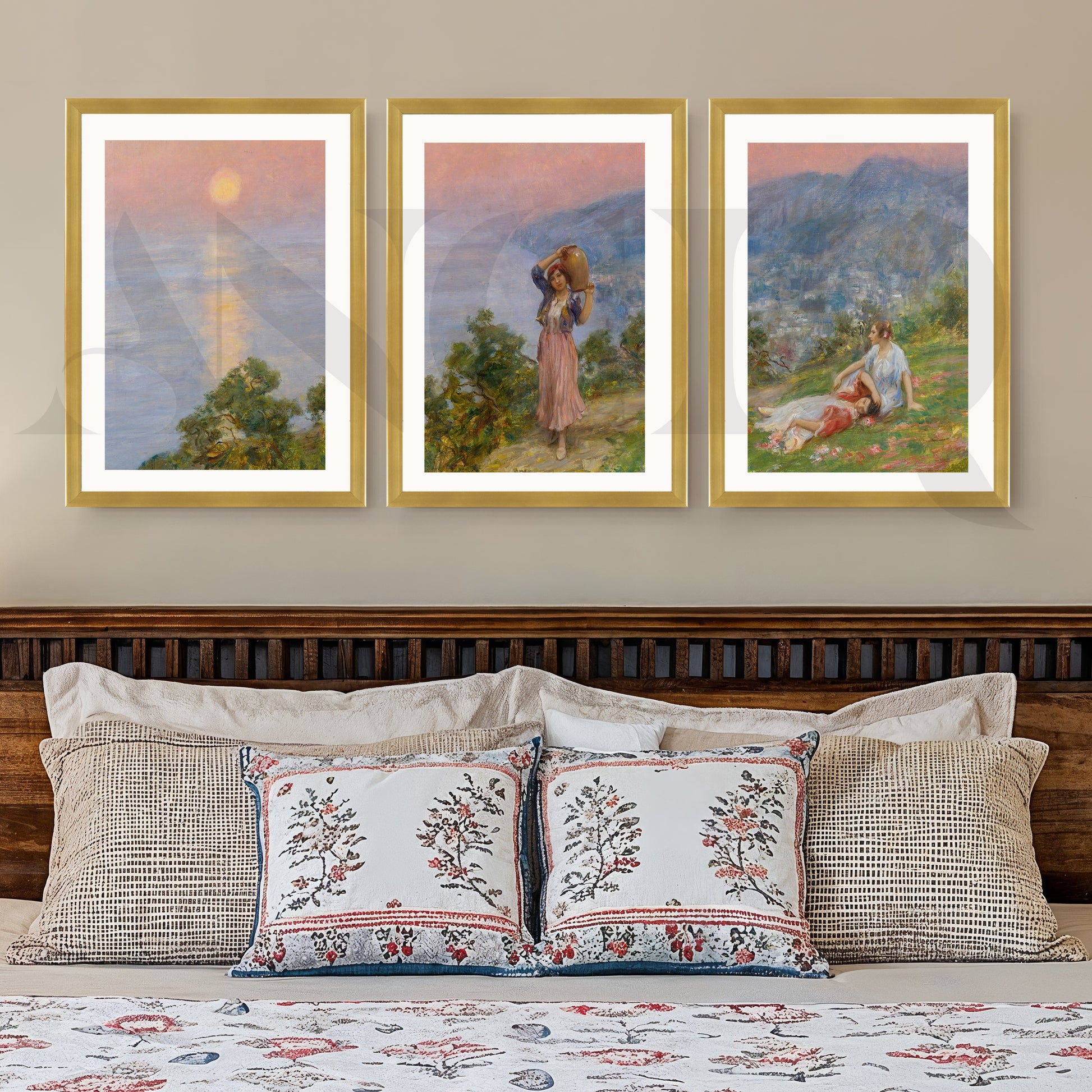 Pastoral Sunset Figures Gallery Wall – Set of 3 Impressionist Landscape Artworks - 18 x 24 Inches for Stylish Bedroom