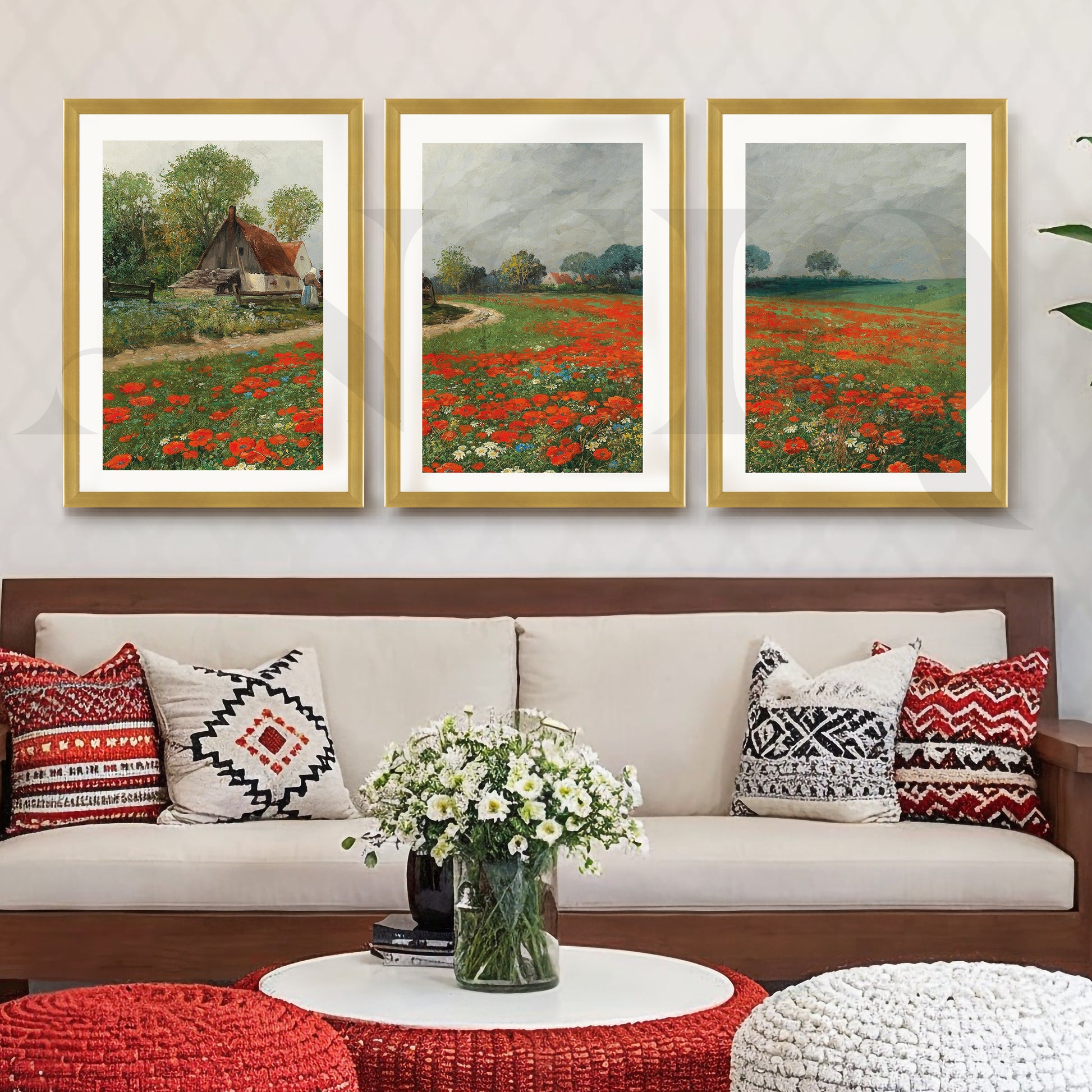 Rustic Poppy Field Landscape Gallery Wall – Set of 3 Impressionist Artworks - 18 x 24 Inches for Living Room