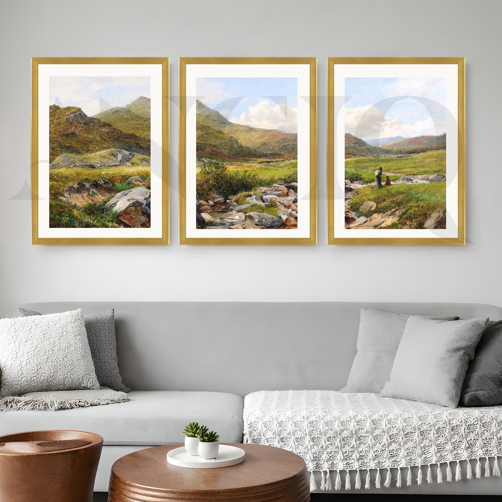 Highland Meadow Stream Gallery Wall – Set of 3 Classic Artworks - 18 x 24 Inches for Living Room