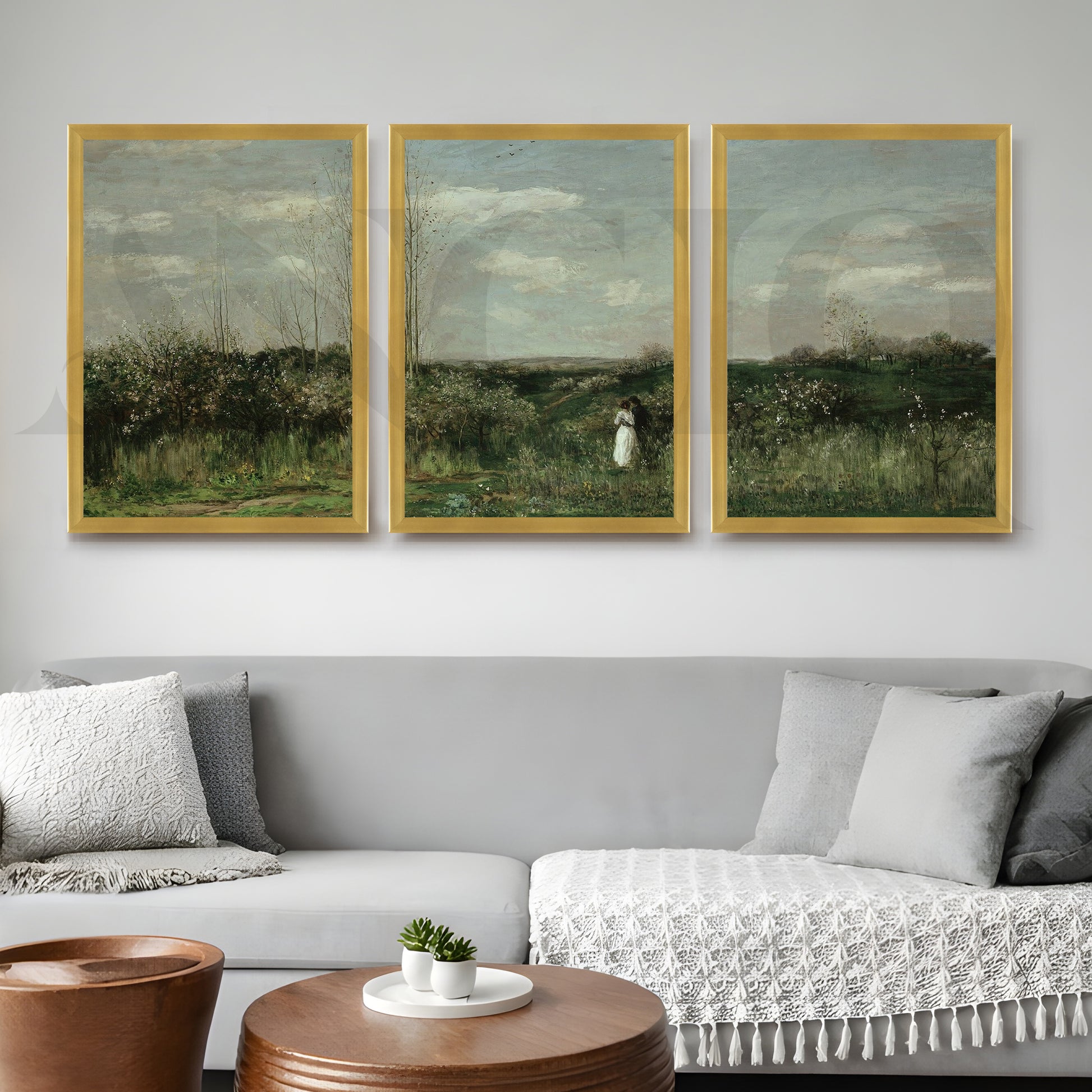 Serene Countryside Meadow Gallery Wall – Set of 3 Classic Landscape Artworks - 18 x 24 Inches for Living Room