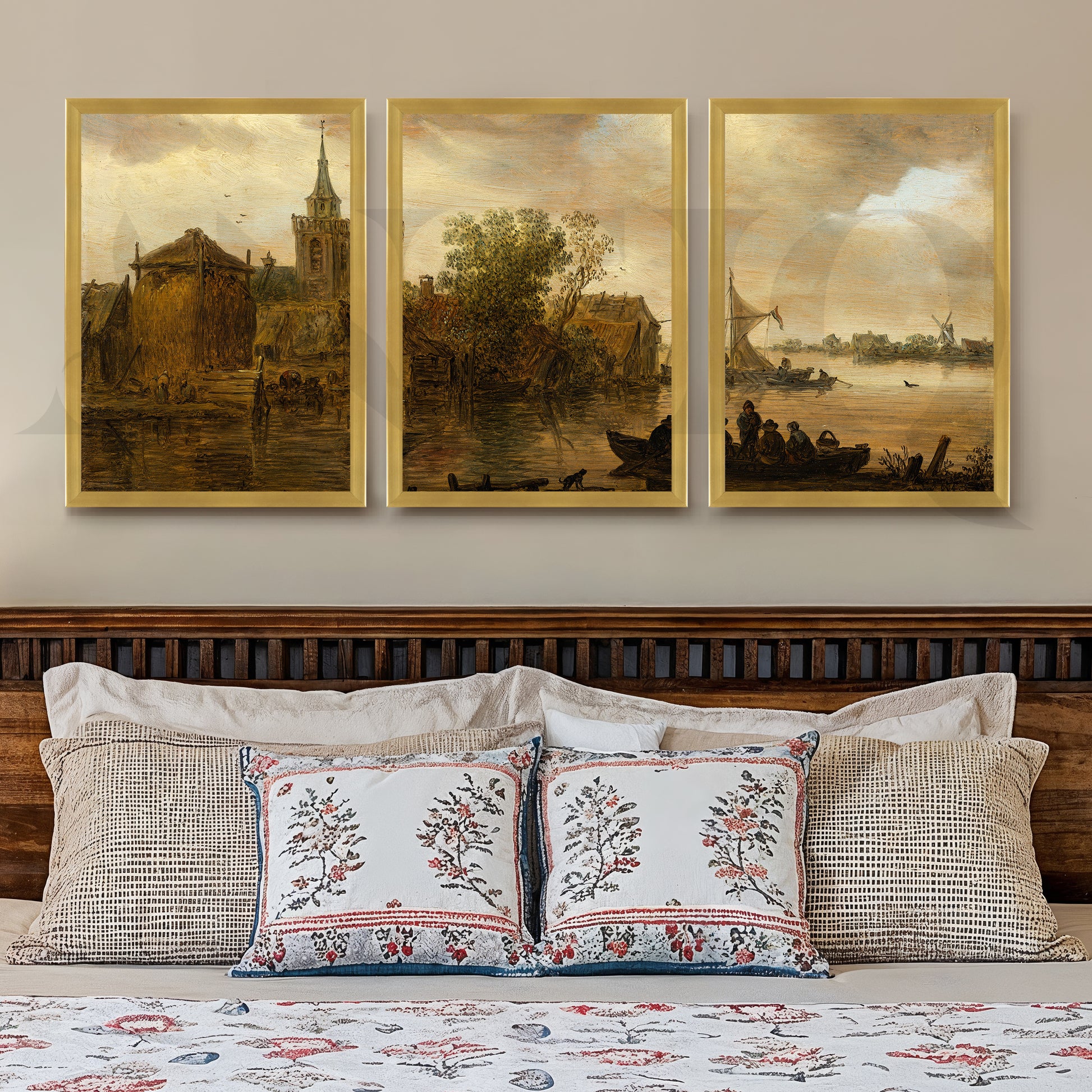 Vintage Riverside Village Gallery Wall – Set of 3 Classic Landscape Artworks - 18 x 24 Inches for Stylish Bedroom