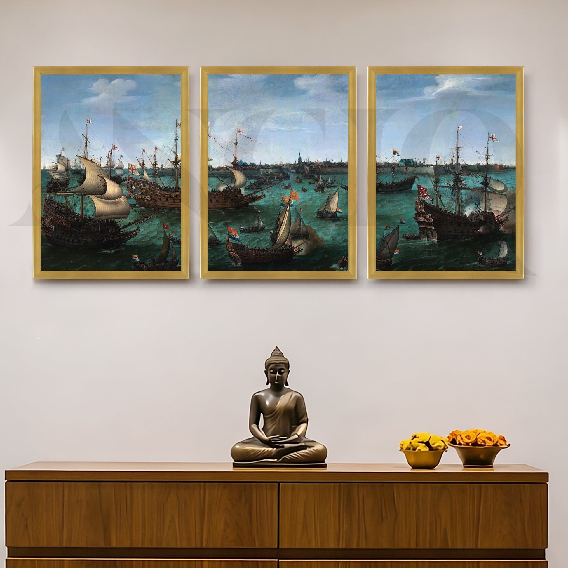 Historic Naval Fleet Gallery Wall – Set of 3 Classic Maritime Artworks - 18 x 24 Inches for Entryway/Hallway