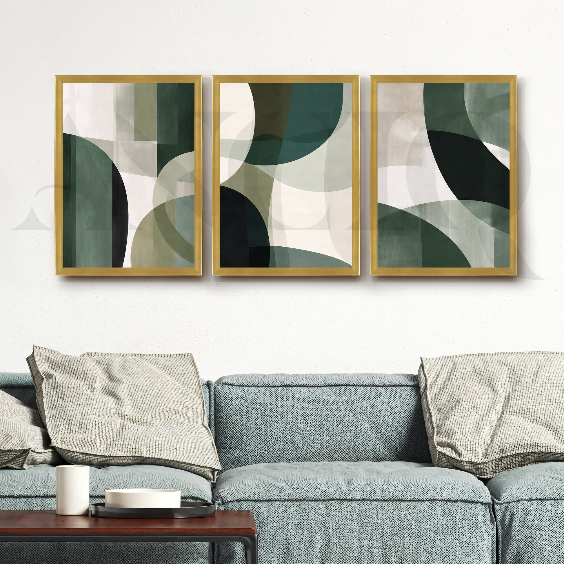 Deep Green Geometric Flow Gallery Wall – Set of 3 Abstract Artworks - 18 x 24 Inches for Living Room