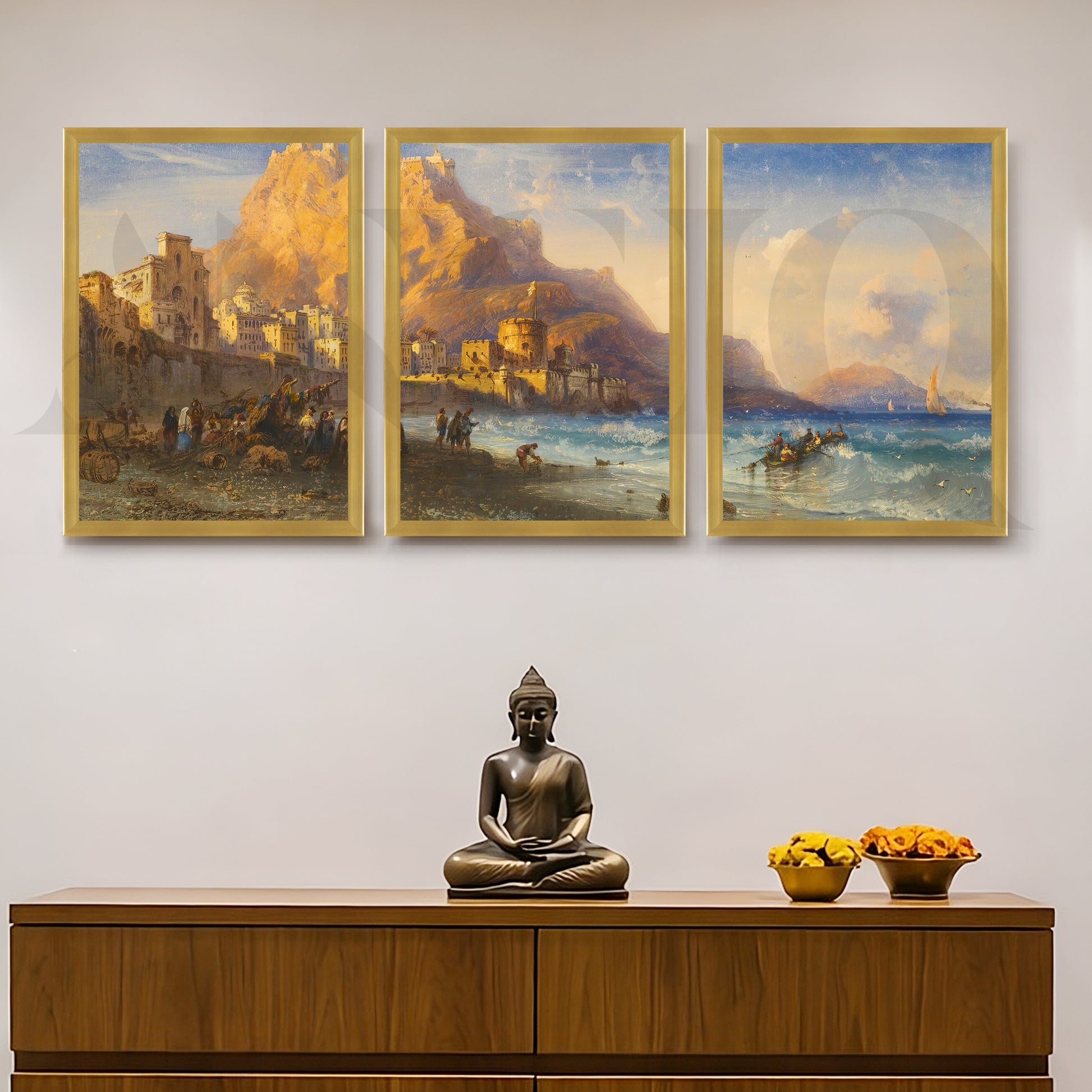 Coastal Mountain Harbour Gallery Wall – Set of 3 Mediterranean Landscape Artworks - 18 x 24 Inches for Entryway/Hallway