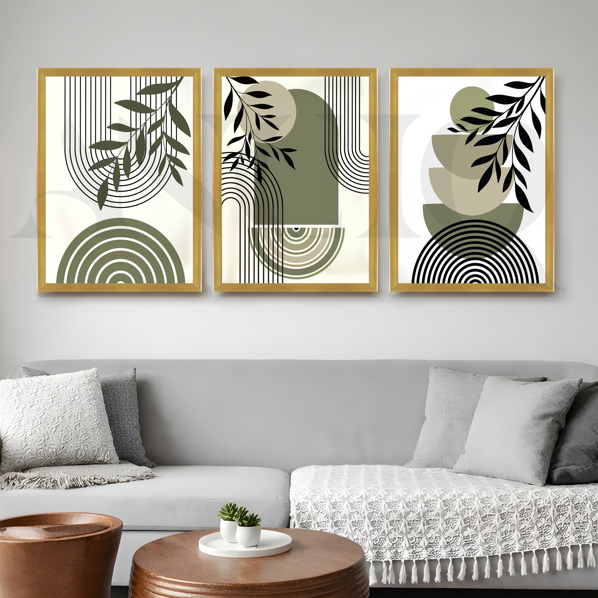 Minimal Botanical Geometry Gallery Wall – Set of 3 Modern Abstract Artworks - 18 x 24 Inches for Living Room