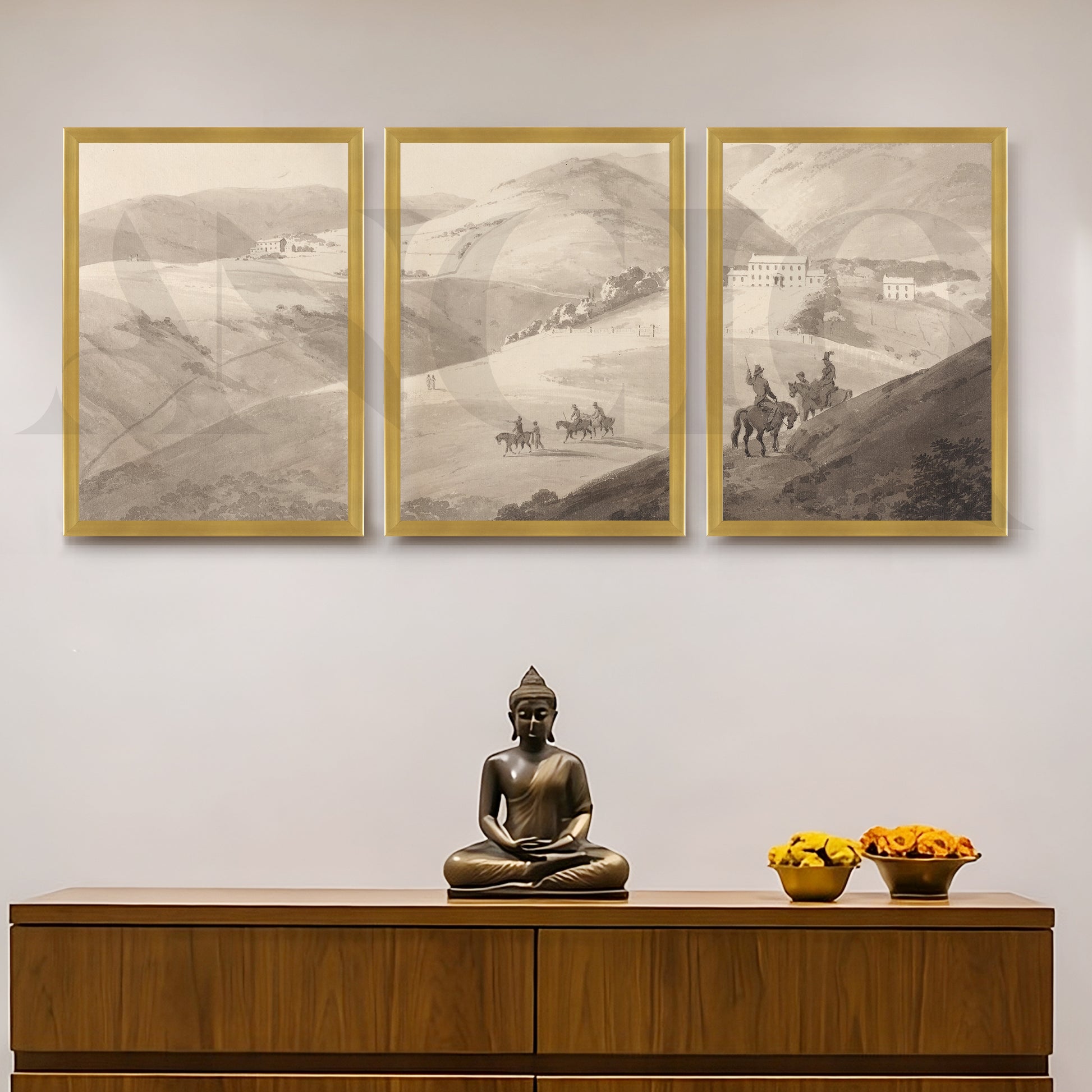 Timeless Countryside Sketch Gallery Wall – Set of 3 Monochrome Landscape Artworks - 18 x 24 Inches for Entryway/Hallway