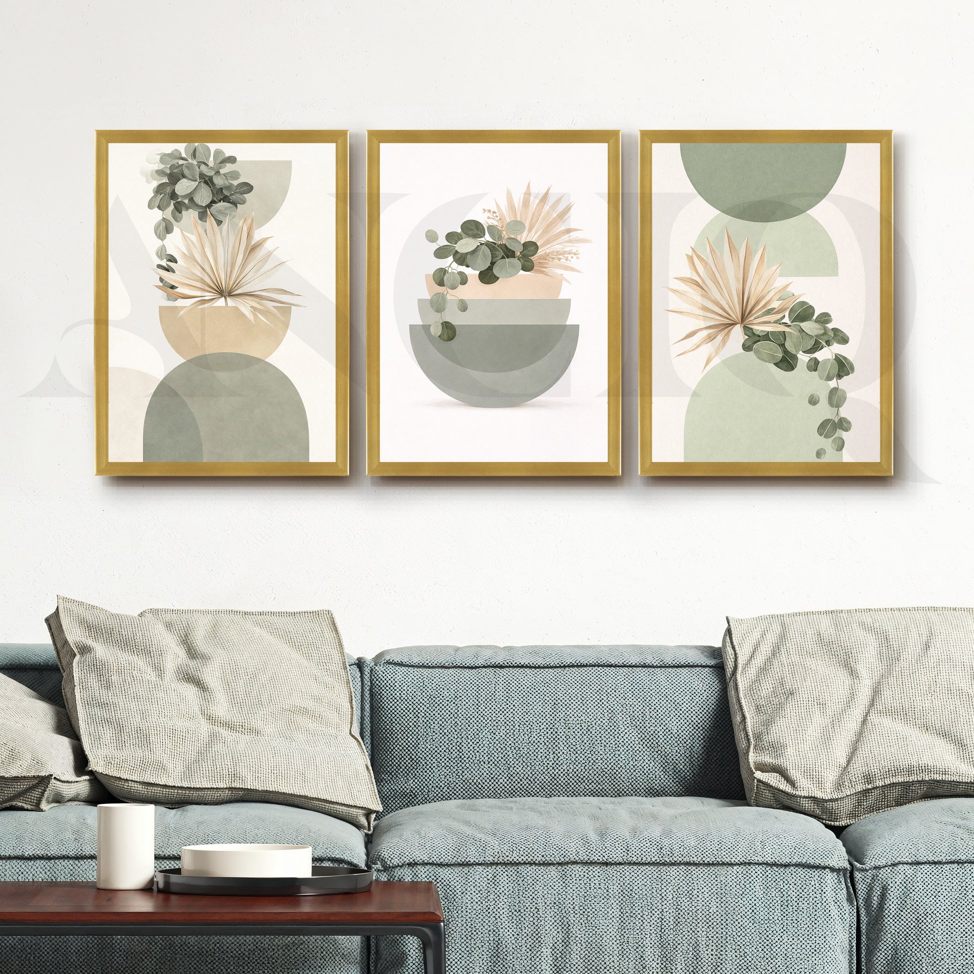 Soft Sage Botanical Balance Gallery Wall – Set of 3 Modern Nature Artworks - 18 x 24 Inches for Living Room