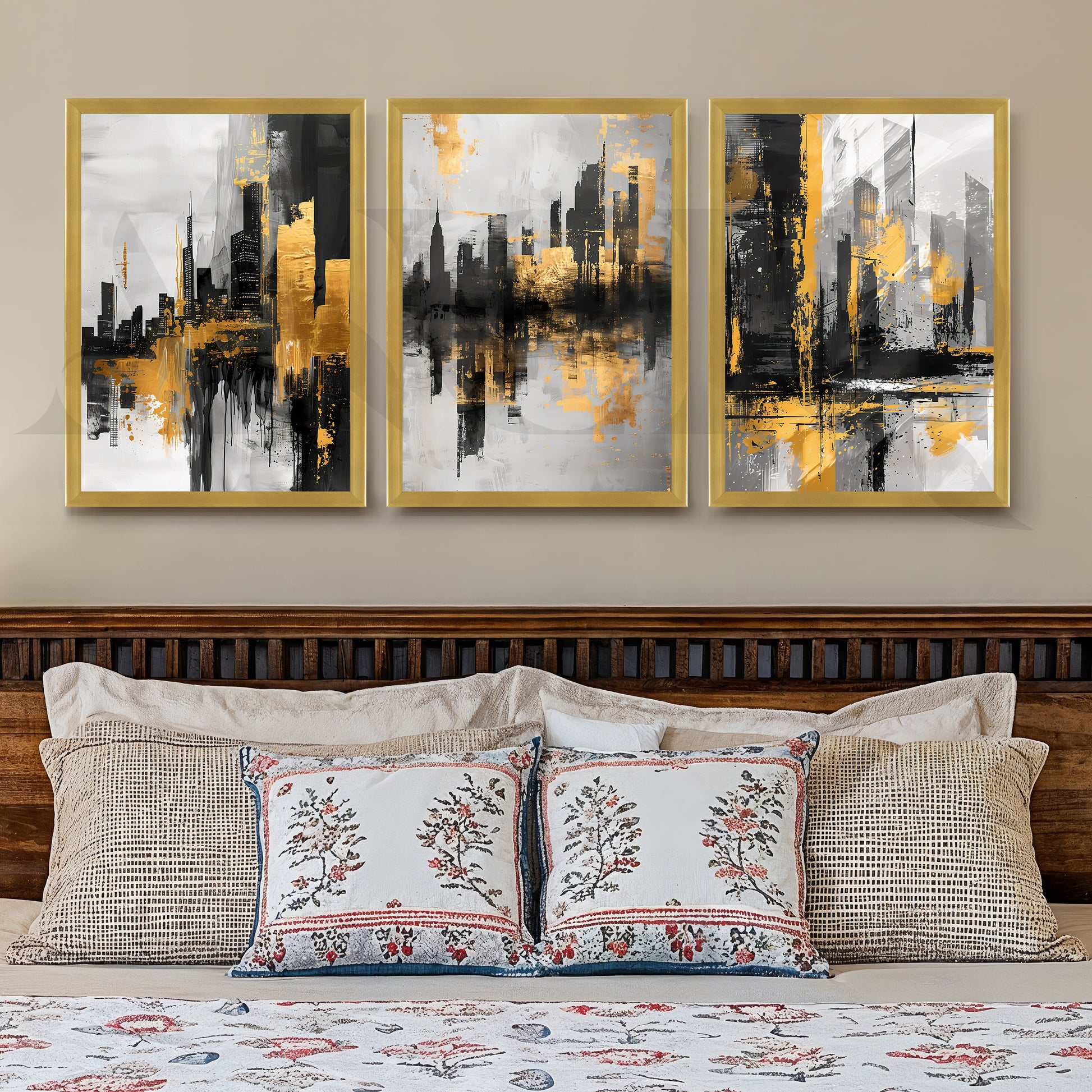 Golden Urban Skyline Gallery Wall – Set of 3 Modern Cityscape Artworks - 18 x 24 Inches for Stylish Bedroom