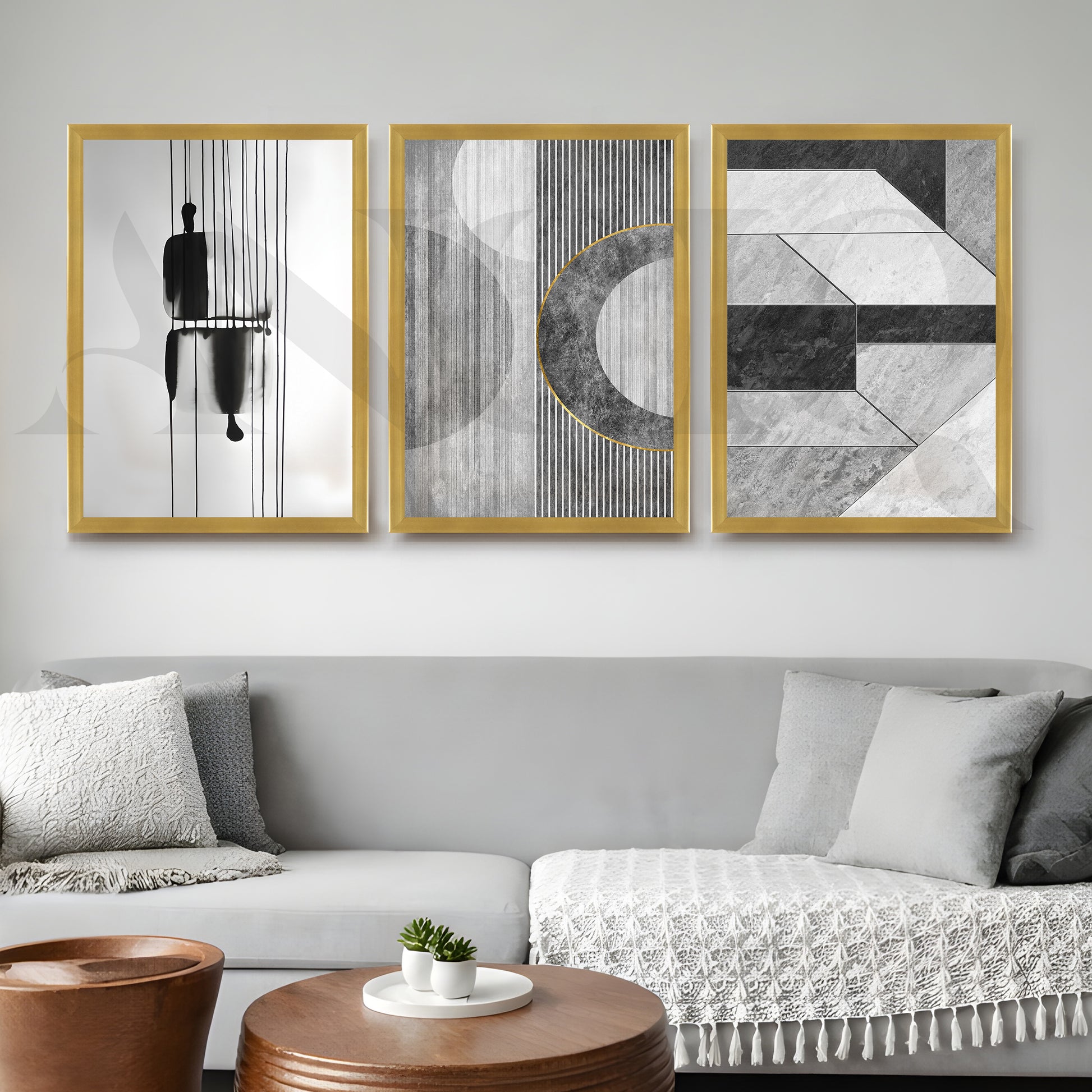 Monochrome Modern Geometry Gallery Wall – Set of 3 Minimal Abstract Artworks - 18 x 24 Inches for Office/Study Room