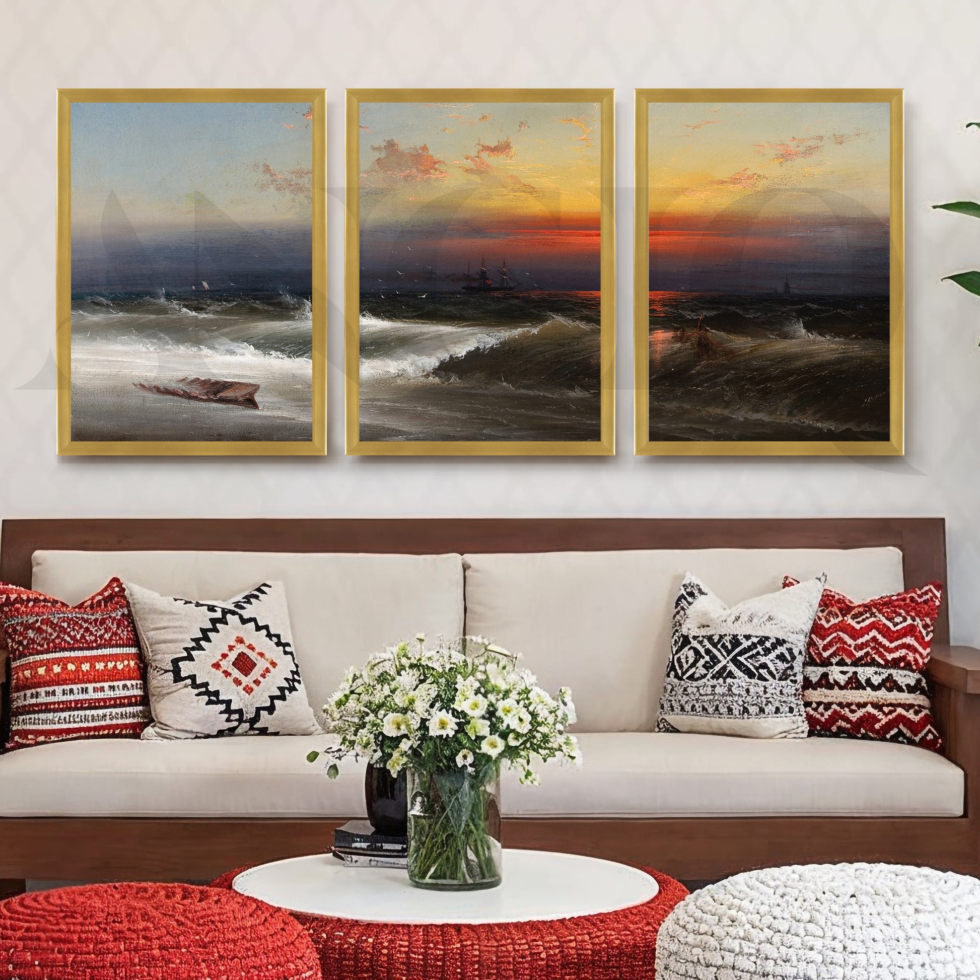 Dramatic Ocean Sunset Gallery Wall – Set of 3 Seascape Artworks - 18 x 24 Inches for Living Room