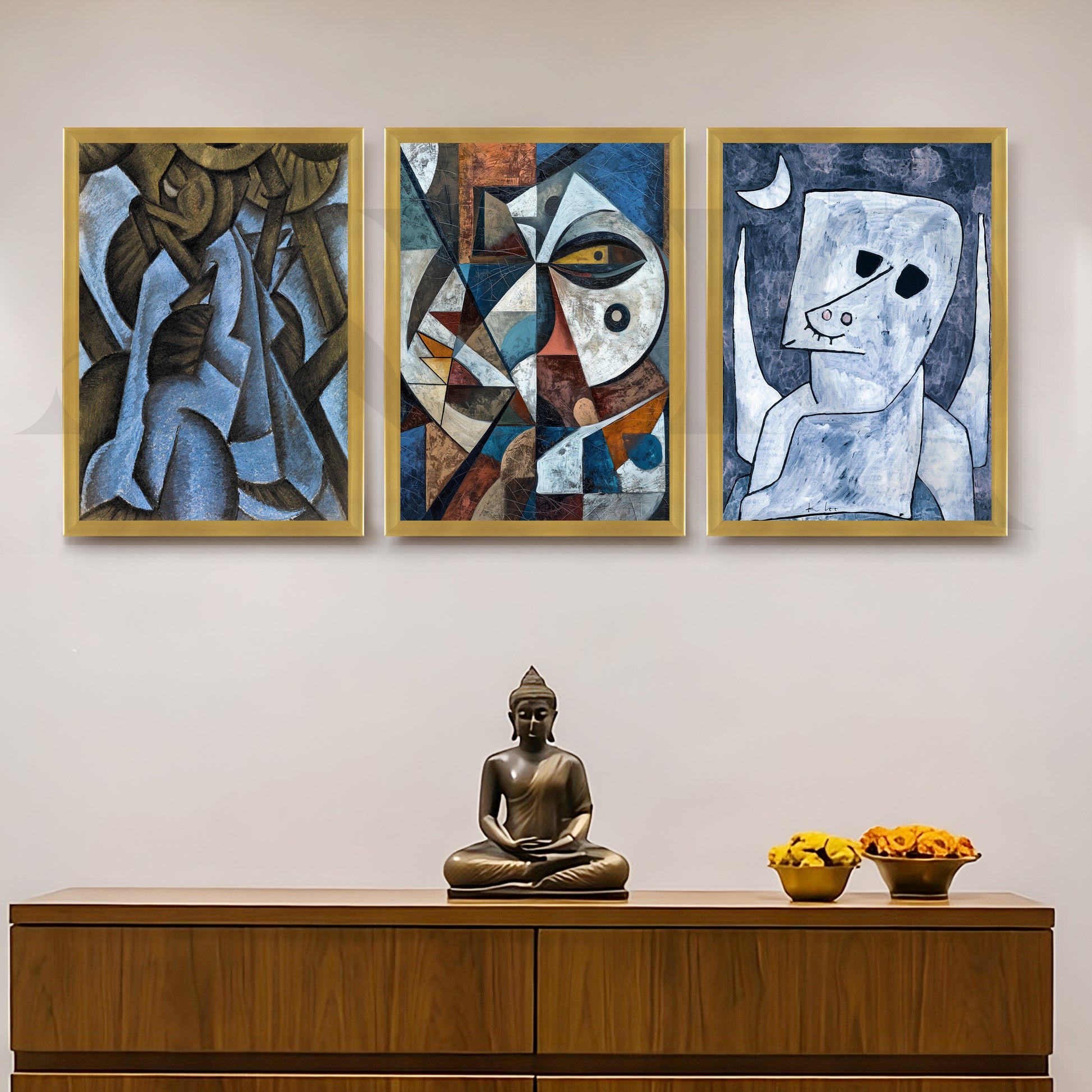Avant-Garde Cubist Portrait Gallery Wall – Set of 3 Modern Artworks - 18 x 24 Inches for Entryway/Hallway