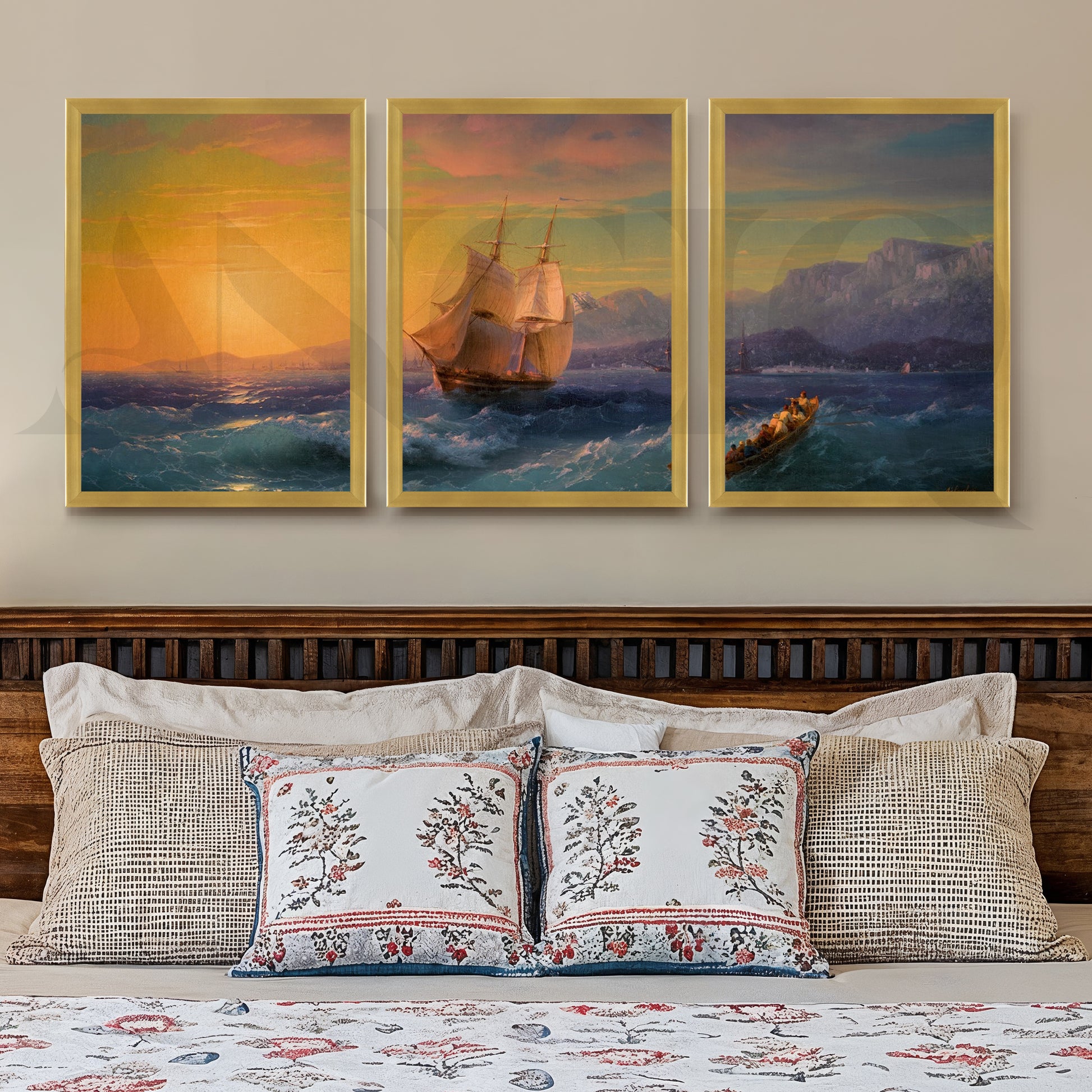Golden Horizon Sailing Gallery Wall – Set of 3 Vintage Seascape Artworks - 18 x 24 Inches for Stylish Bedroom