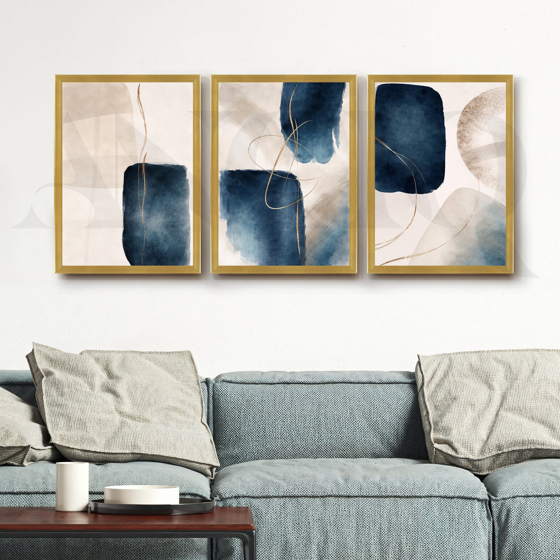 Midnight Blue Fluid Abstraction Gallery Wall – Set of 3 Contemporary Artworks - 18 x 24 Inches for Living Room