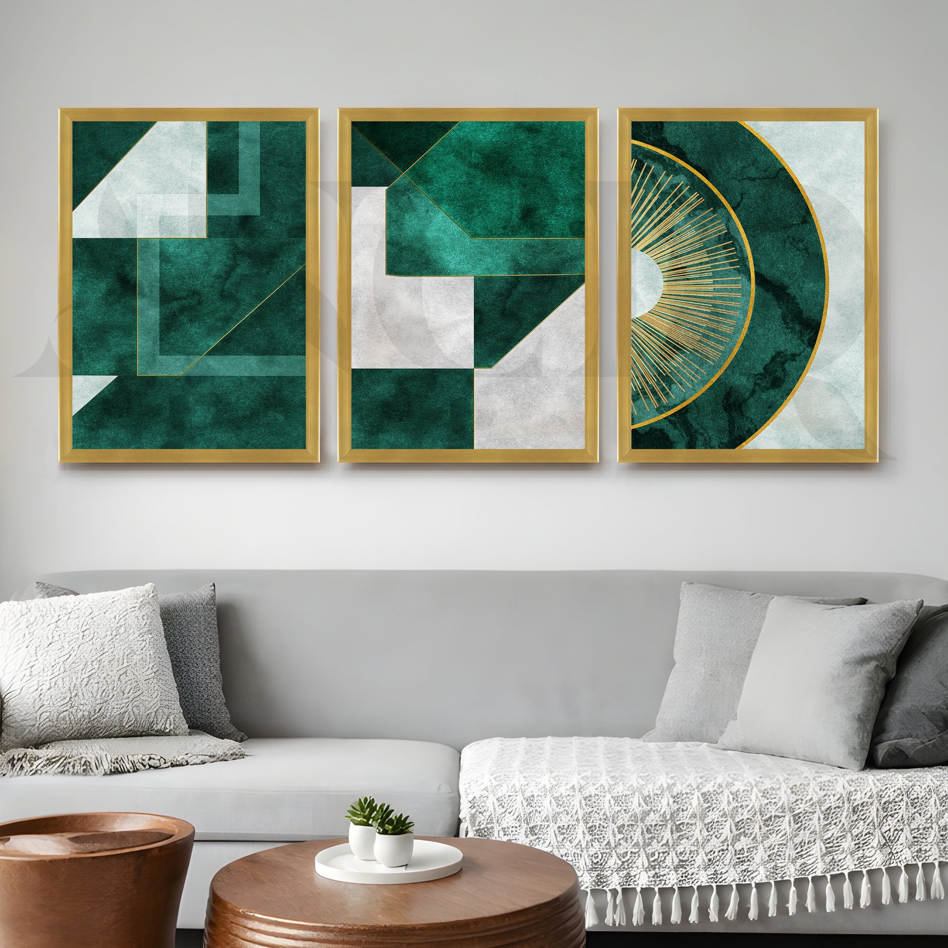 Emerald Luxe Geometry Gallery Wall – Set of 3 Modern Abstract Artworks - 18 x 24 Inches for Living Room
