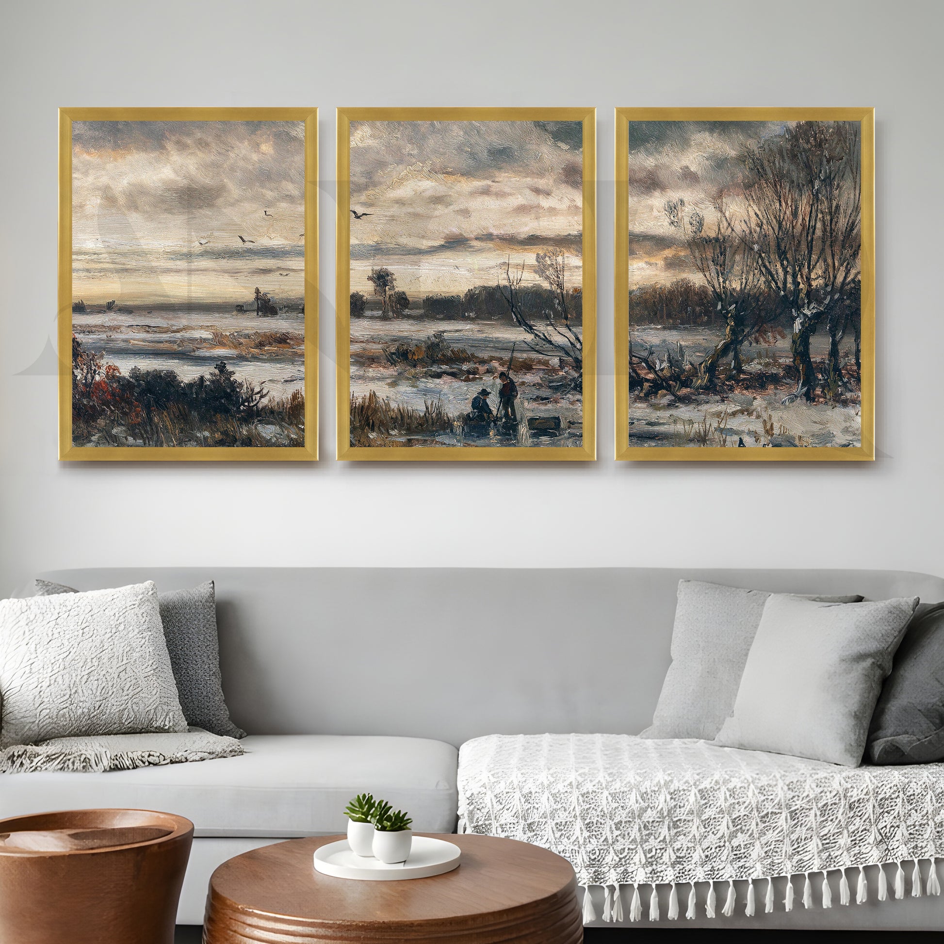 Moody Winter Countryside Gallery Wall – Set of 3 Atmospheric Landscape Artworks - 18 x 24 Inches for Living Room