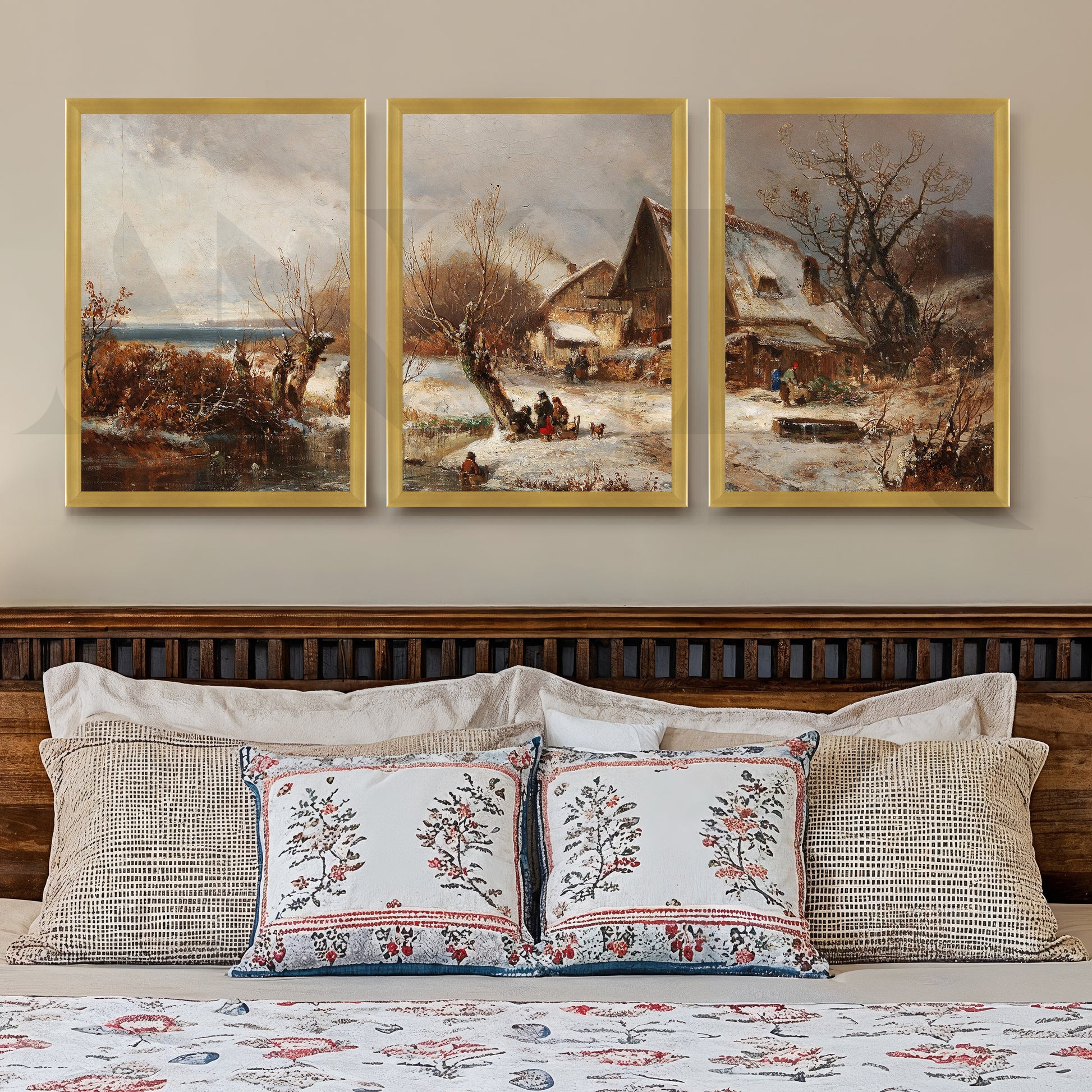 Winter Village Countryside Gallery Wall – Set of 3 Vintage Landscape Artworks - 18 x 24 Inches for Stylish Bedroom
