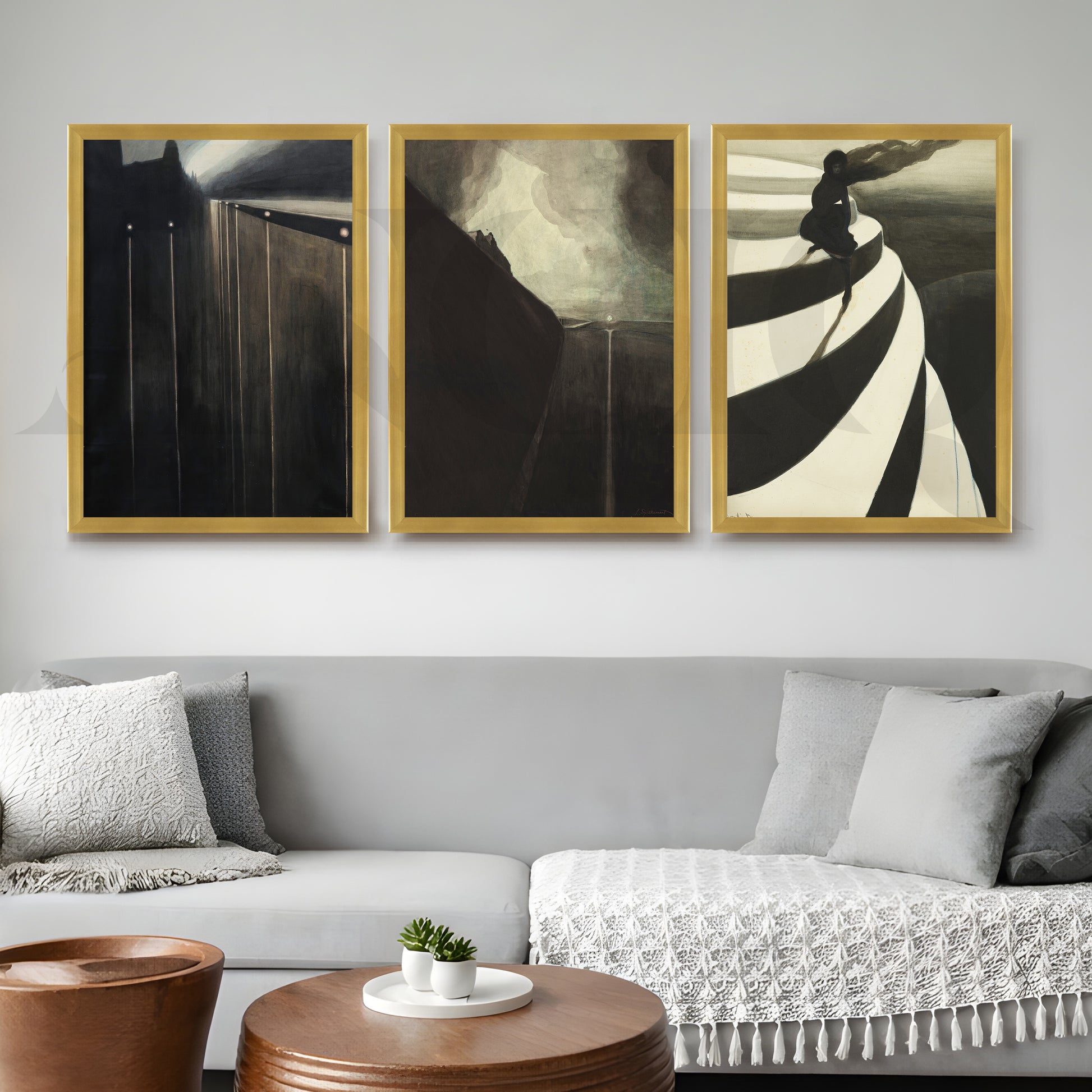 Moody Abstract Noir Gallery Wall – Set of 3 Contemporary Artworks - 18 x 24 Inches for Living Room
