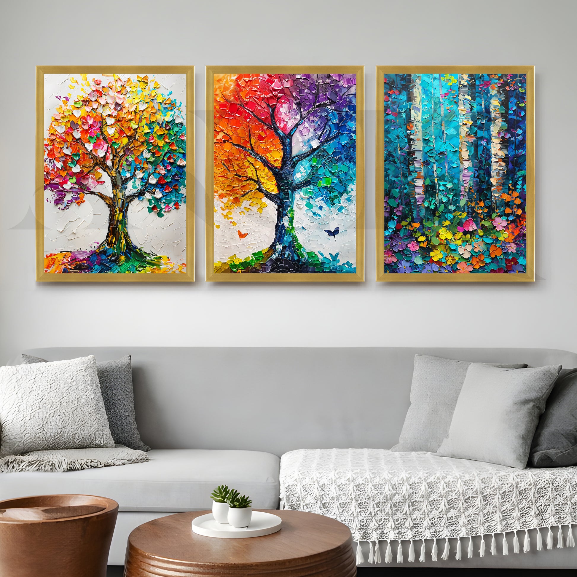 Vibrant Nature Mosaic Gallery Wall – Set of 3 Colorful Tree Artworks - 18 x 24 Inches for Living Room