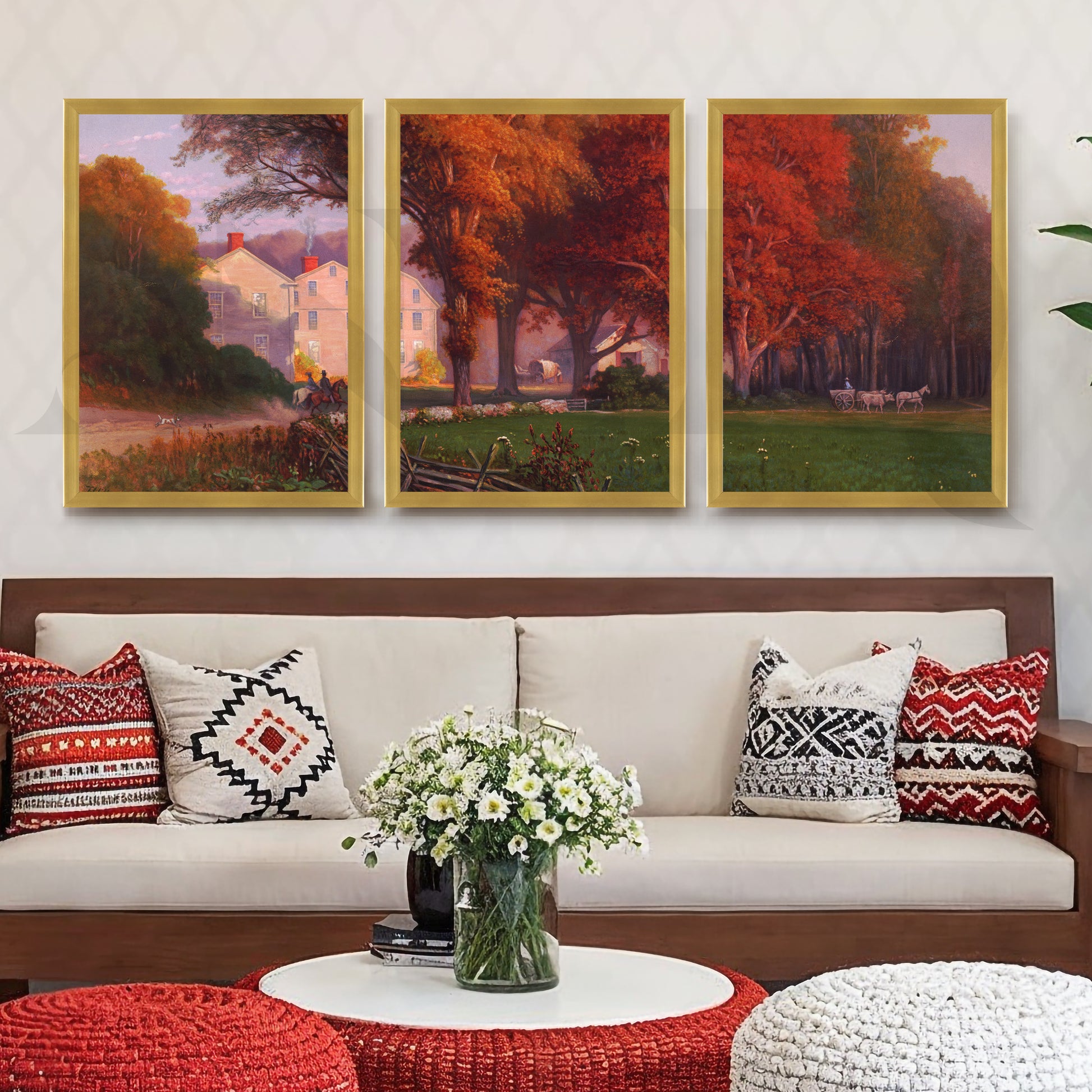 Autumn Countryside Estate Gallery Wall – Set of 3 Classic Landscape Artworks - 18 x 24 Inches for Living Room