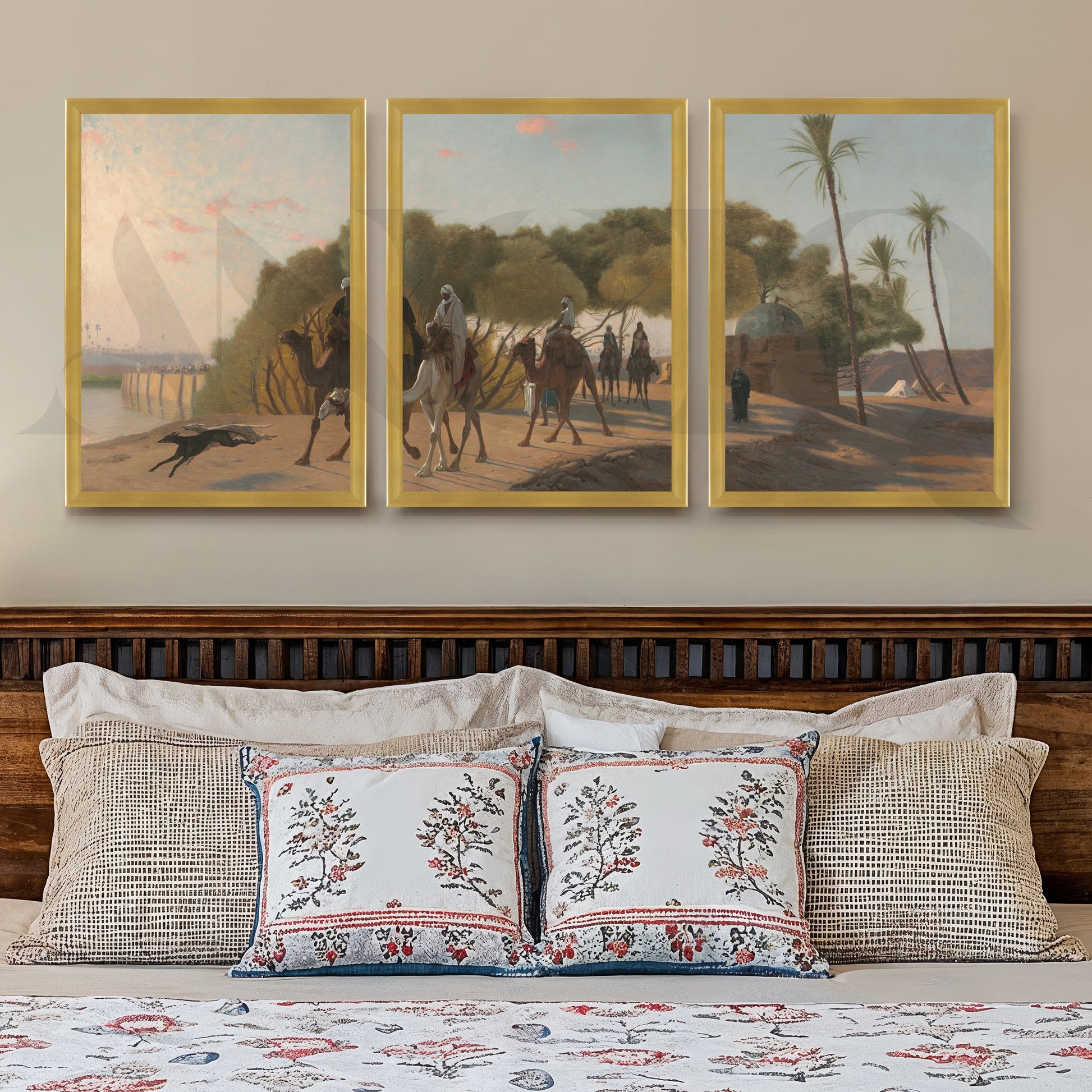 Desert Caravan Landscape Gallery Wall – Set of 3 Vintage Oriental Artworks - 18 x 24 Inches for Stylish Bedroom