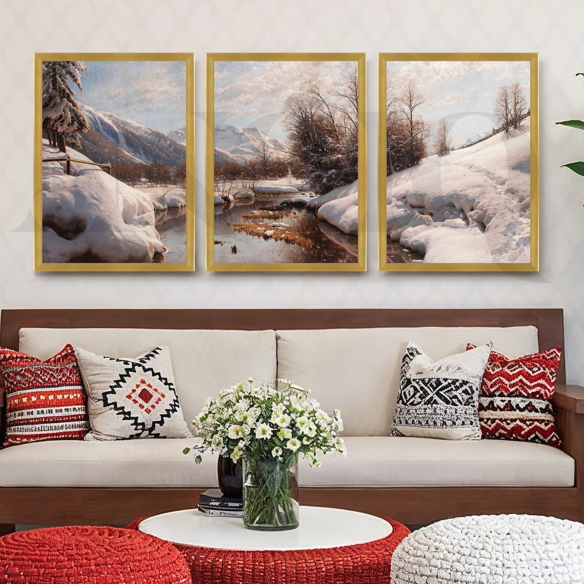 Snowy Alpine River Landscape Gallery Wall – Set of 3 Winter Nature Artworks - 18 x 24 Inches for Living Room