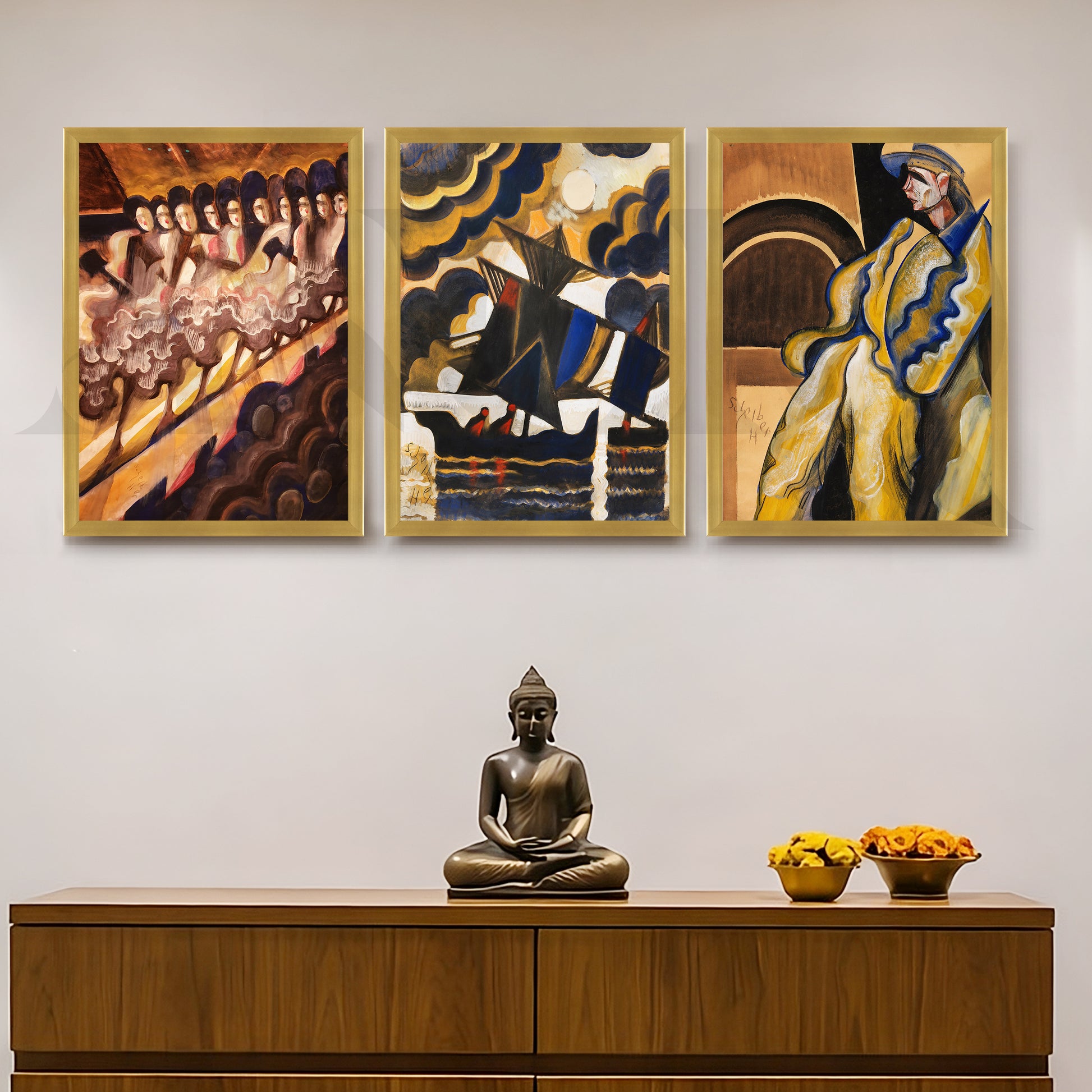 Vintage Avant-Garde Narrative Gallery Wall – Set of 3 Expressionist Artworks - 18 x 24 Inches for Entryway/Hallway