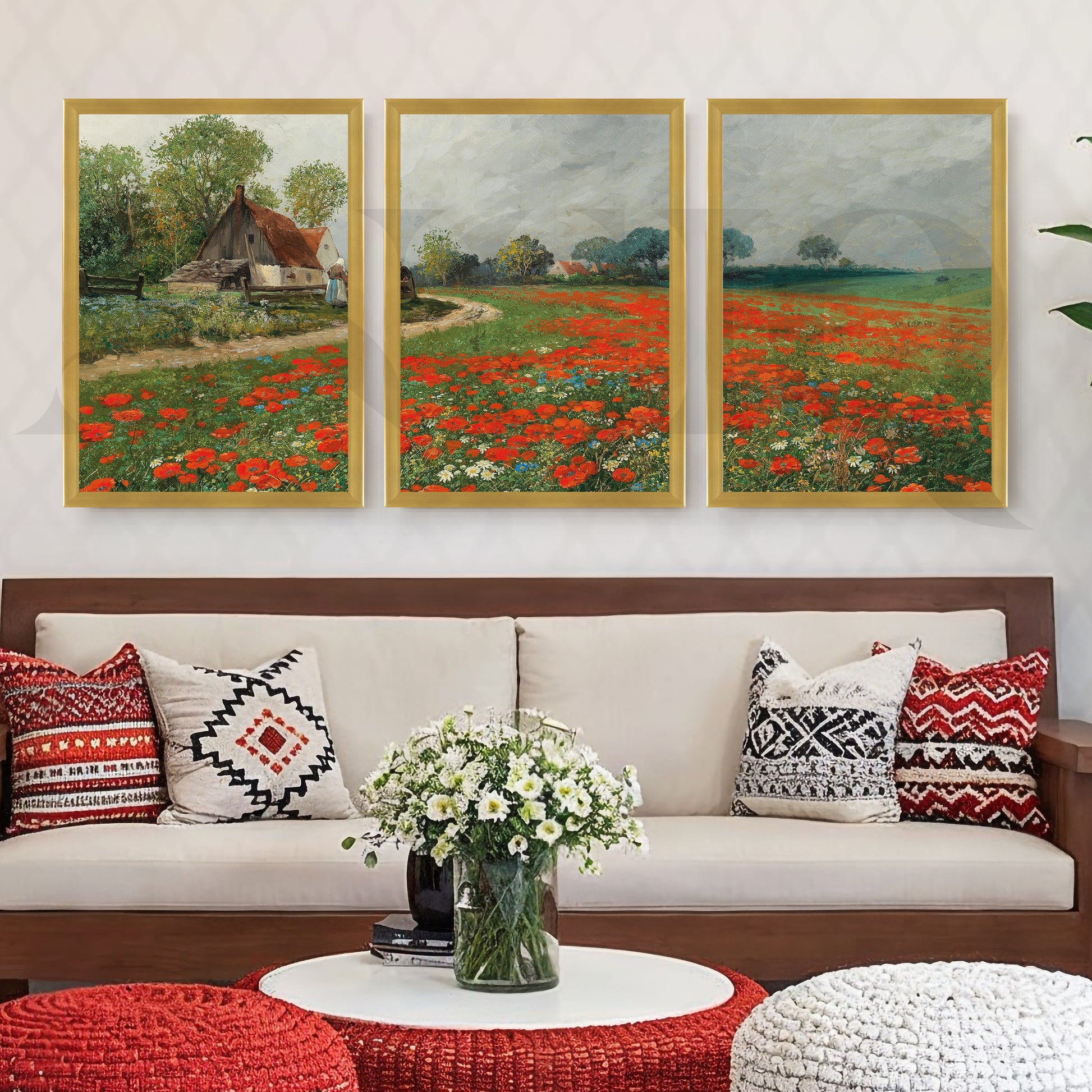 Rustic Poppy Field Landscape Gallery Wall – Set of 3 Impressionist Artworks - 18 x 24 Inches for Living Room