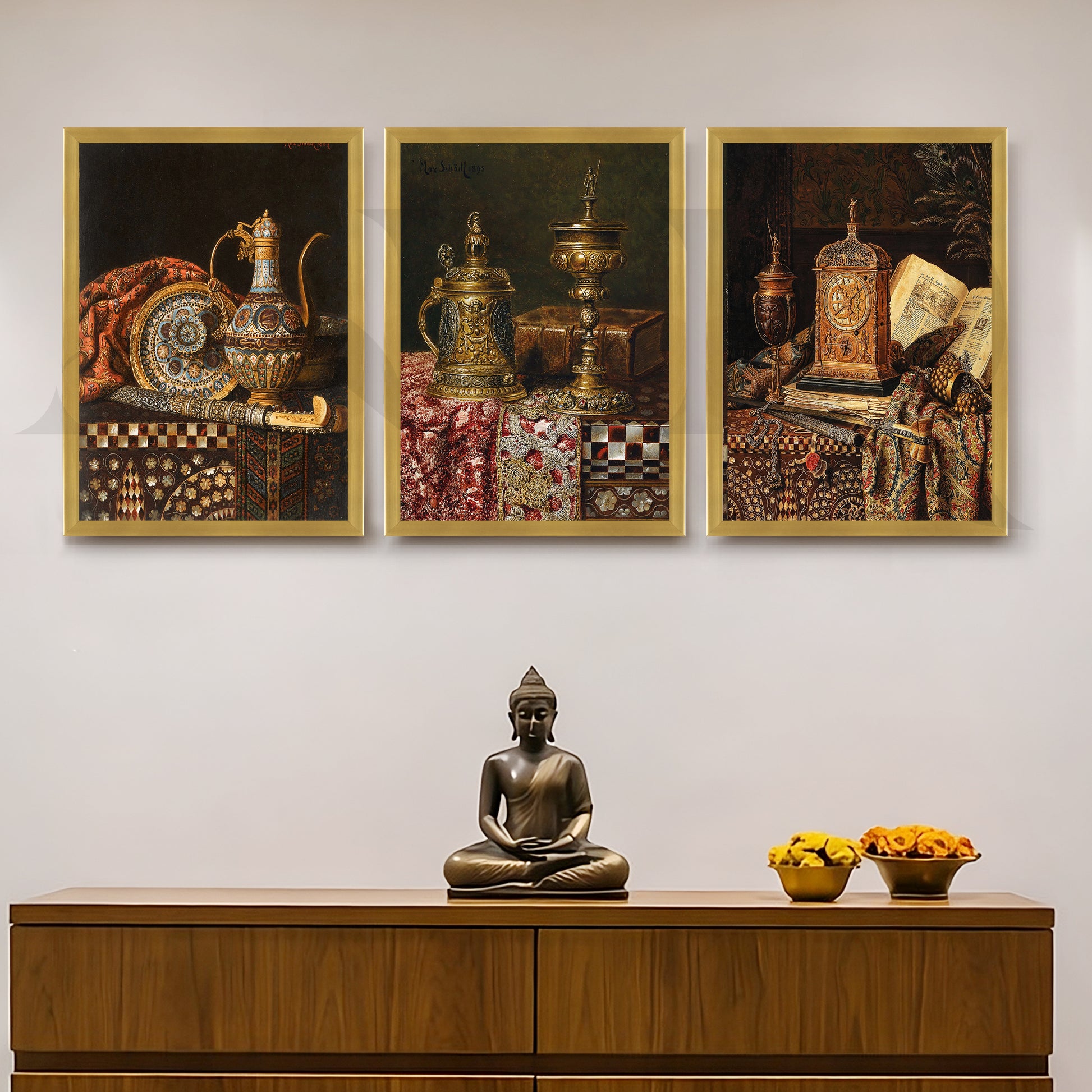 Vintage Antique Artefacts Gallery Wall – Set of 3 Classic Still Life Artworks - 18 x 24 Inches for Entryway/Hallway
