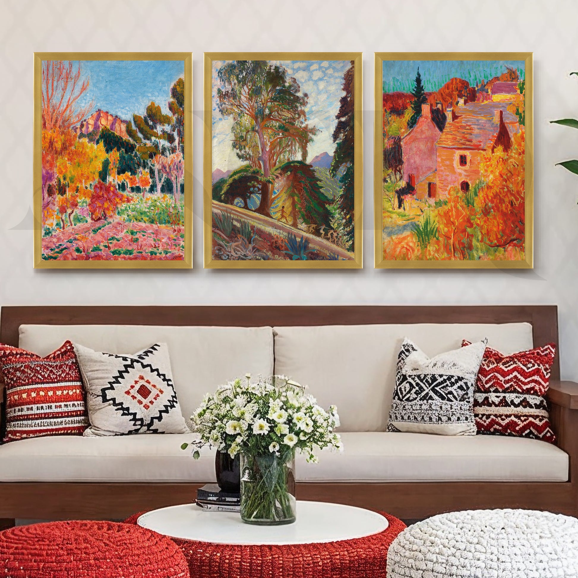 Vibrant Impressionist Countryside Gallery Wall – Set of 3 Vibrant Artworks - 18 x 24 Inches for Living Room