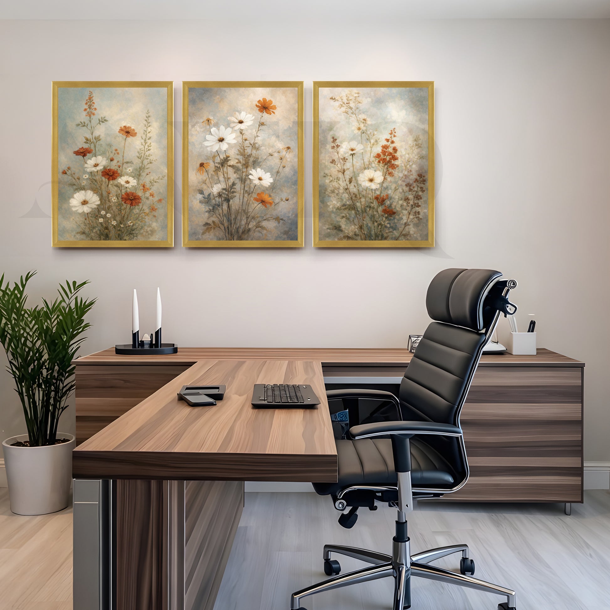 Vintage Wildflower Meadow Gallery Wall – Set of 3 Floral Artworks - 18 x 24 Inches for Office/Study Room